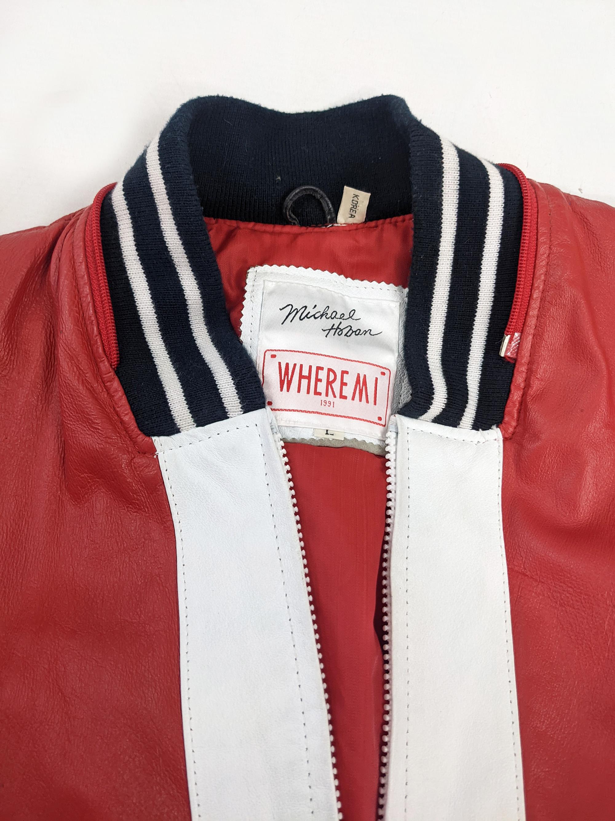 Men's Michael Hoban Vintage Mens 80s Red & White Leather Bomber Jacket, 1980s