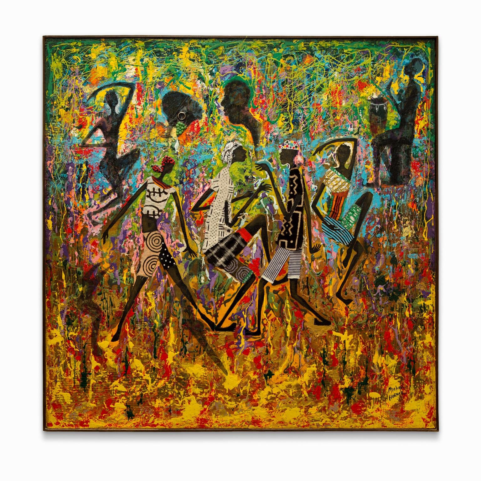 Michael Horner Figurative Painting - "Unknown Title" Dancing Figures, Drummer, Vibrant Colors, Mixed Media 