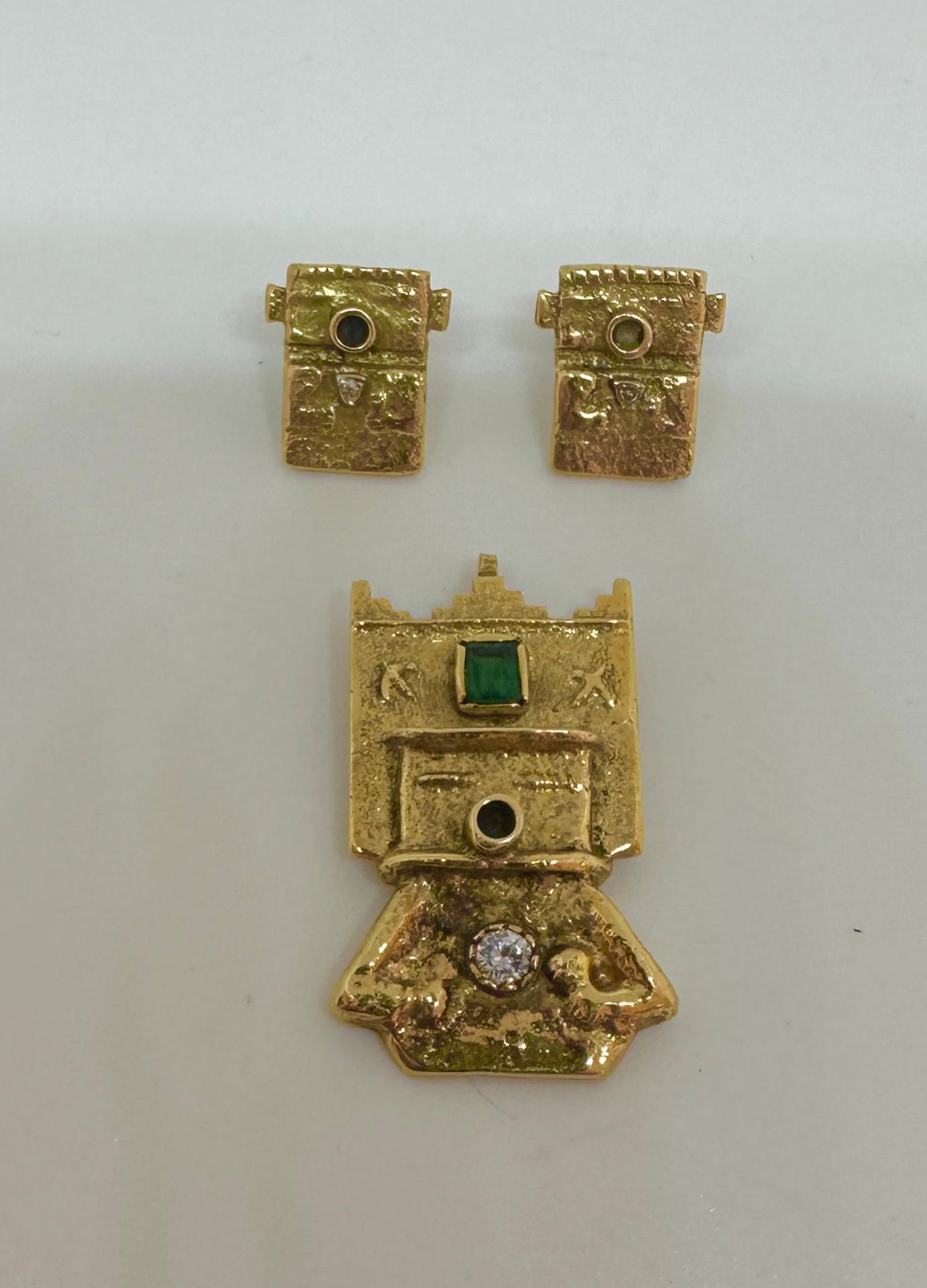 Native American Michael Horse Emerald Diamond Kachina 14 Karat Gold Pendant And Earrings Katsina For Sale
