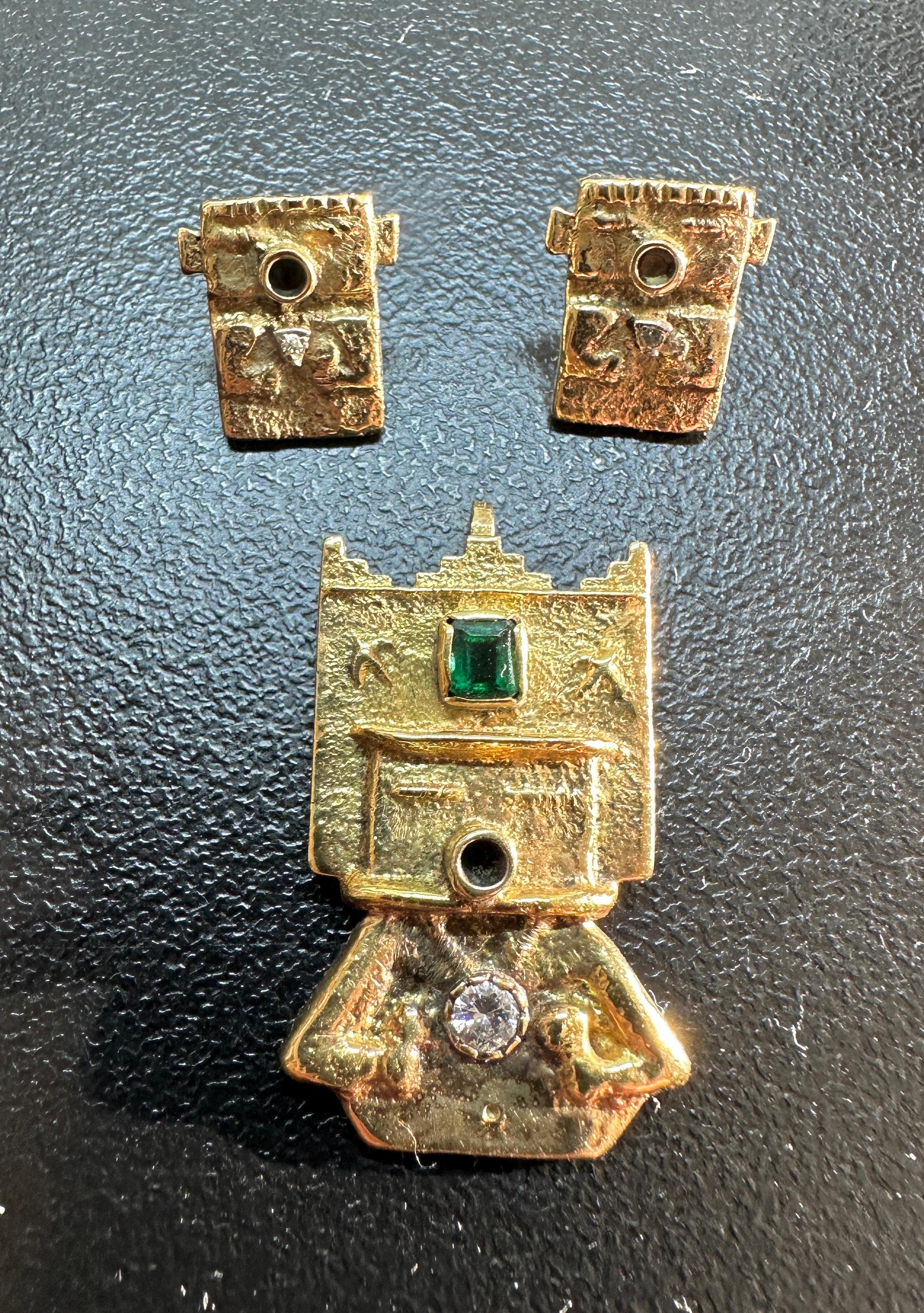 Emerald Cut Michael Horse Emerald Diamond Kachina 14 Karat Gold Pendant And Earrings Katsina For Sale