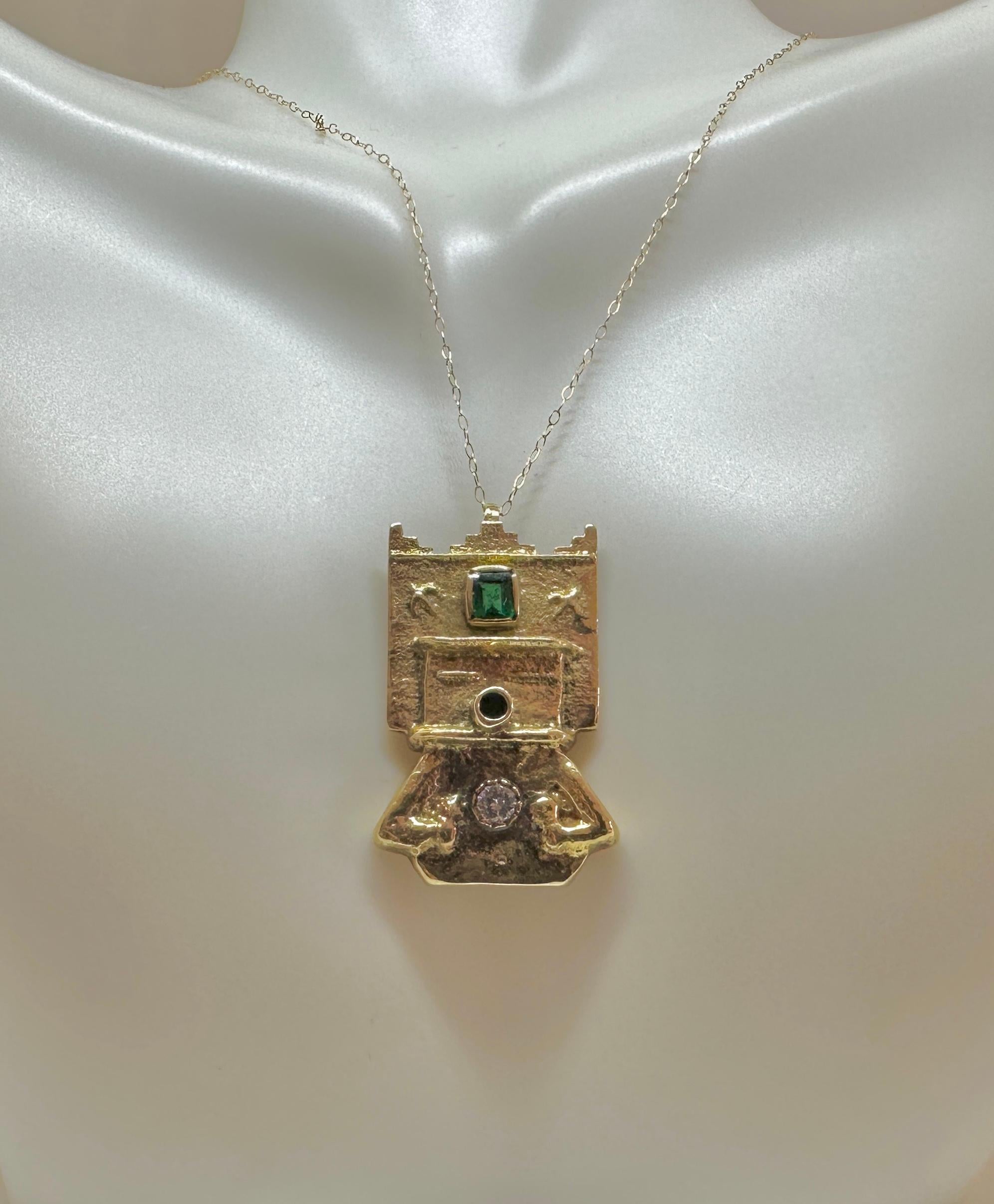 Michael Horse Emerald Diamond Kachina 14 Karat Gold Pendant And Earrings Katsina For Sale 1