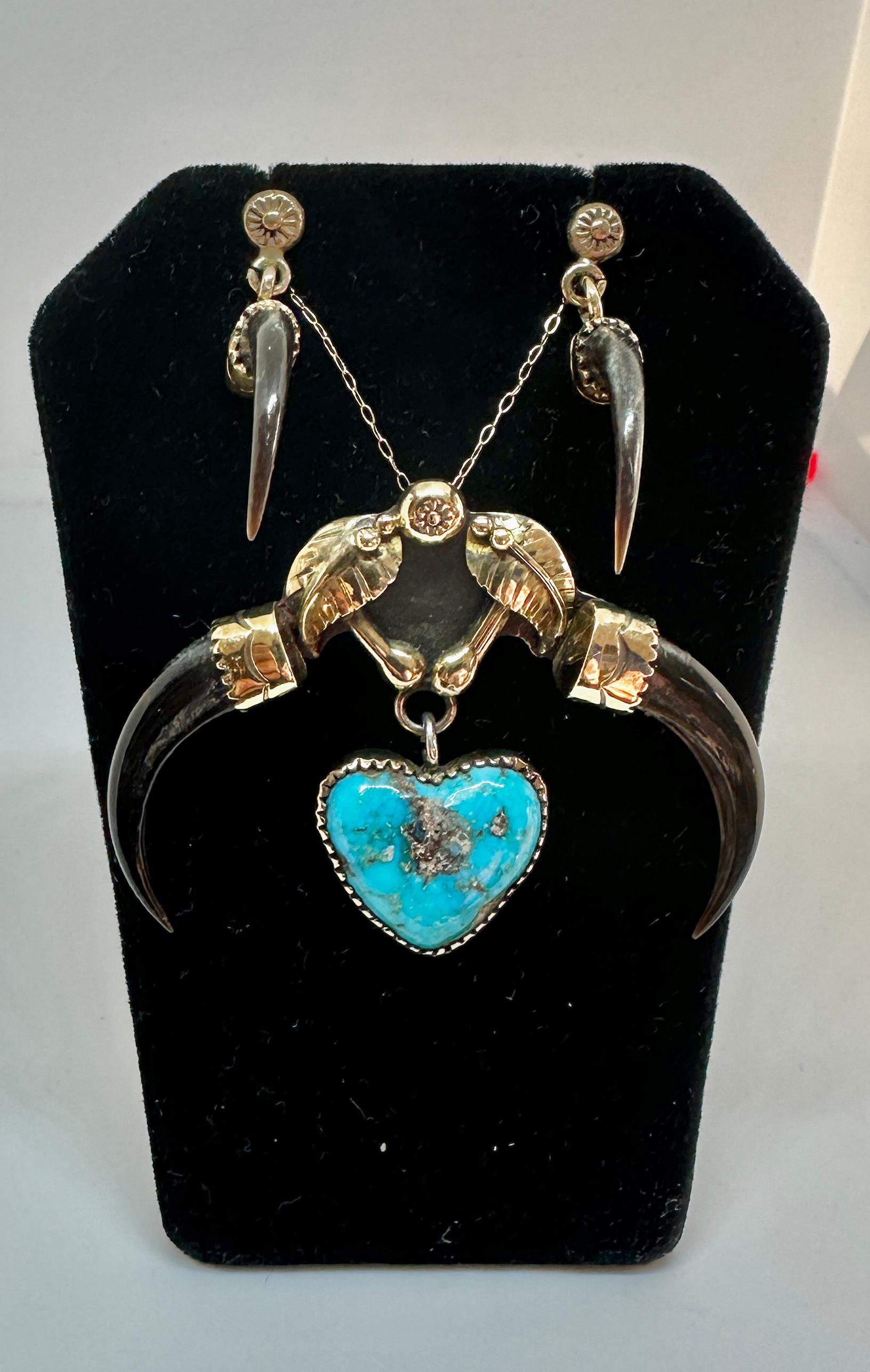 Michael Horse Turquoise Heart Claw 14 Karat Gold Pendant Necklace And Earrings For Sale 1