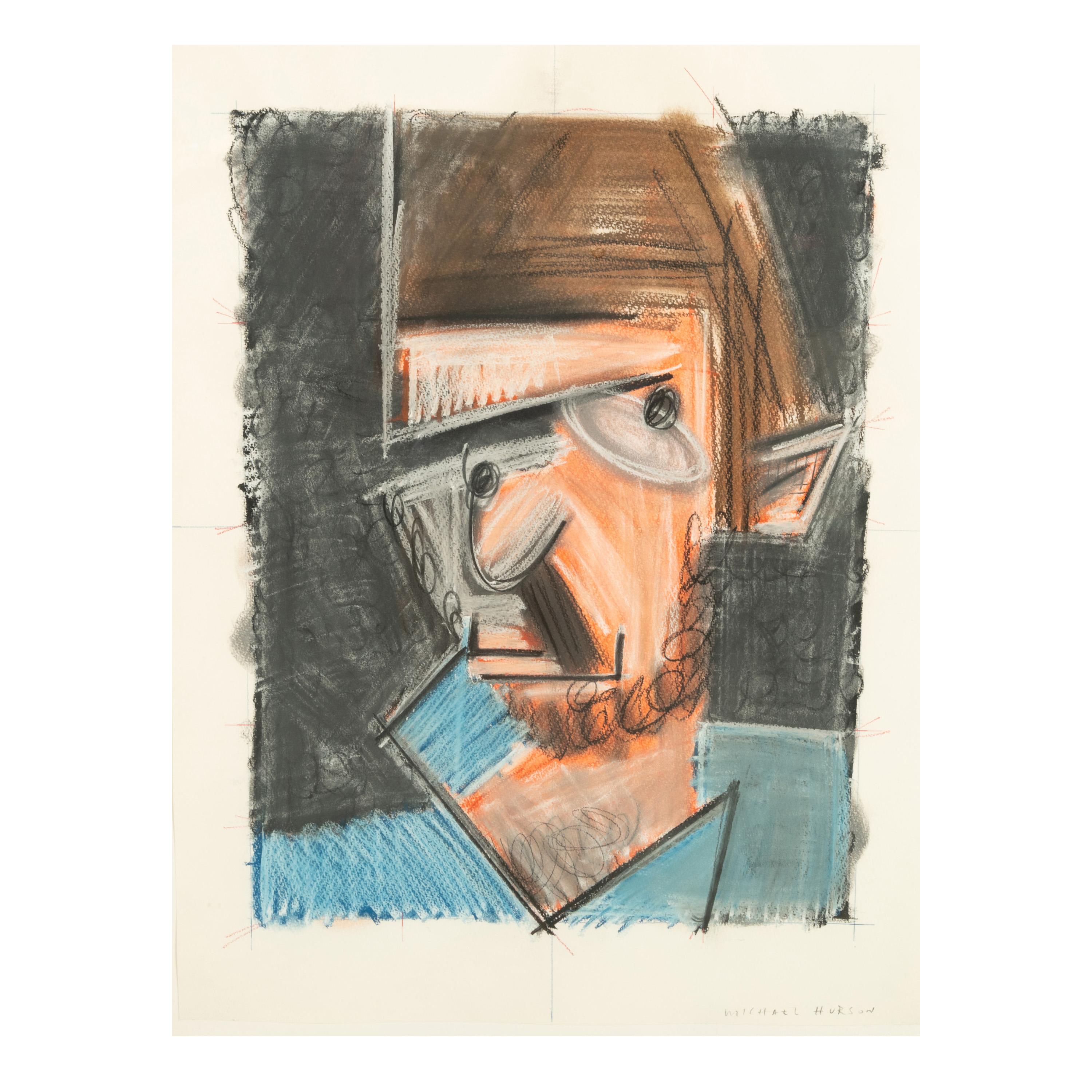 Pintura Cubista Americana Gouache y Pastel Retrato de Robert Lerner Chicago 1980 - Painting de Michael Hurson