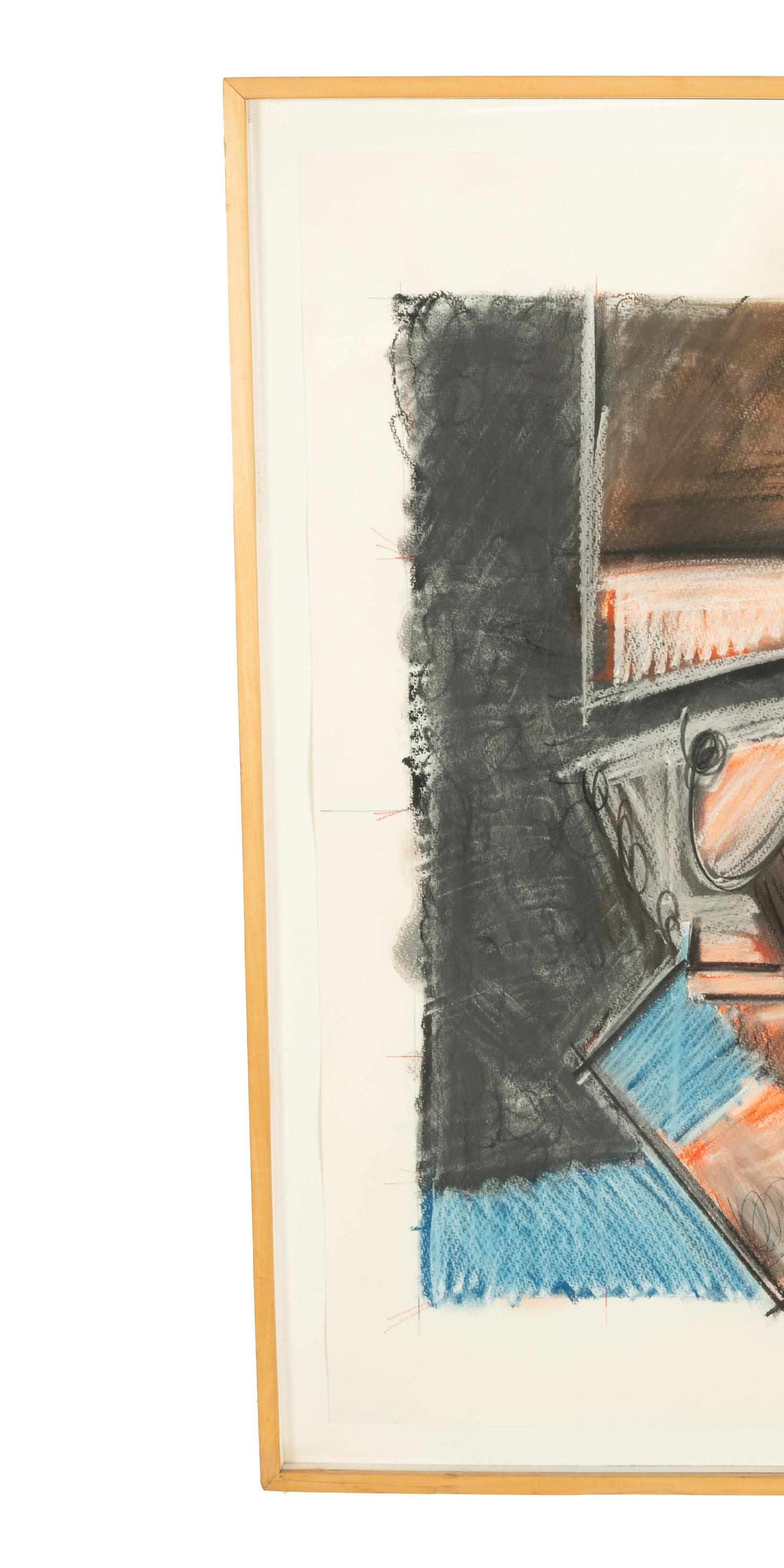 Pintura Cubista Americana Gouache y Pastel Retrato de Robert Lerner Chicago 1980 - Portrait Painting Beige de Michael Hurson