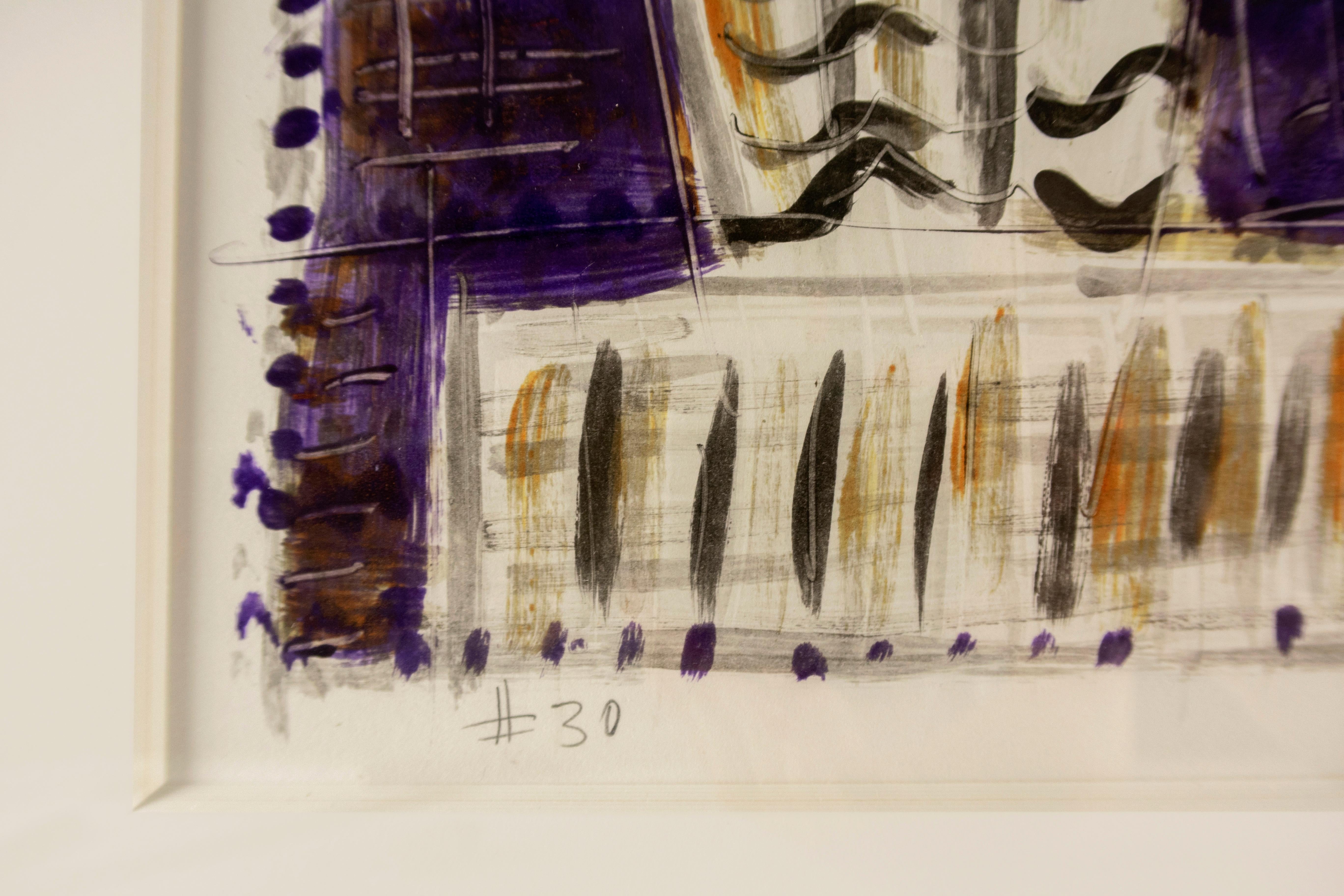 In this unique Michael Hurson monotype, stylized Greco-Roman pillars flank a plane of crosshatched and dotted texture in black, brown, and purple ink. The flat background, framed by columns, mimics the set of a theater production. The size and