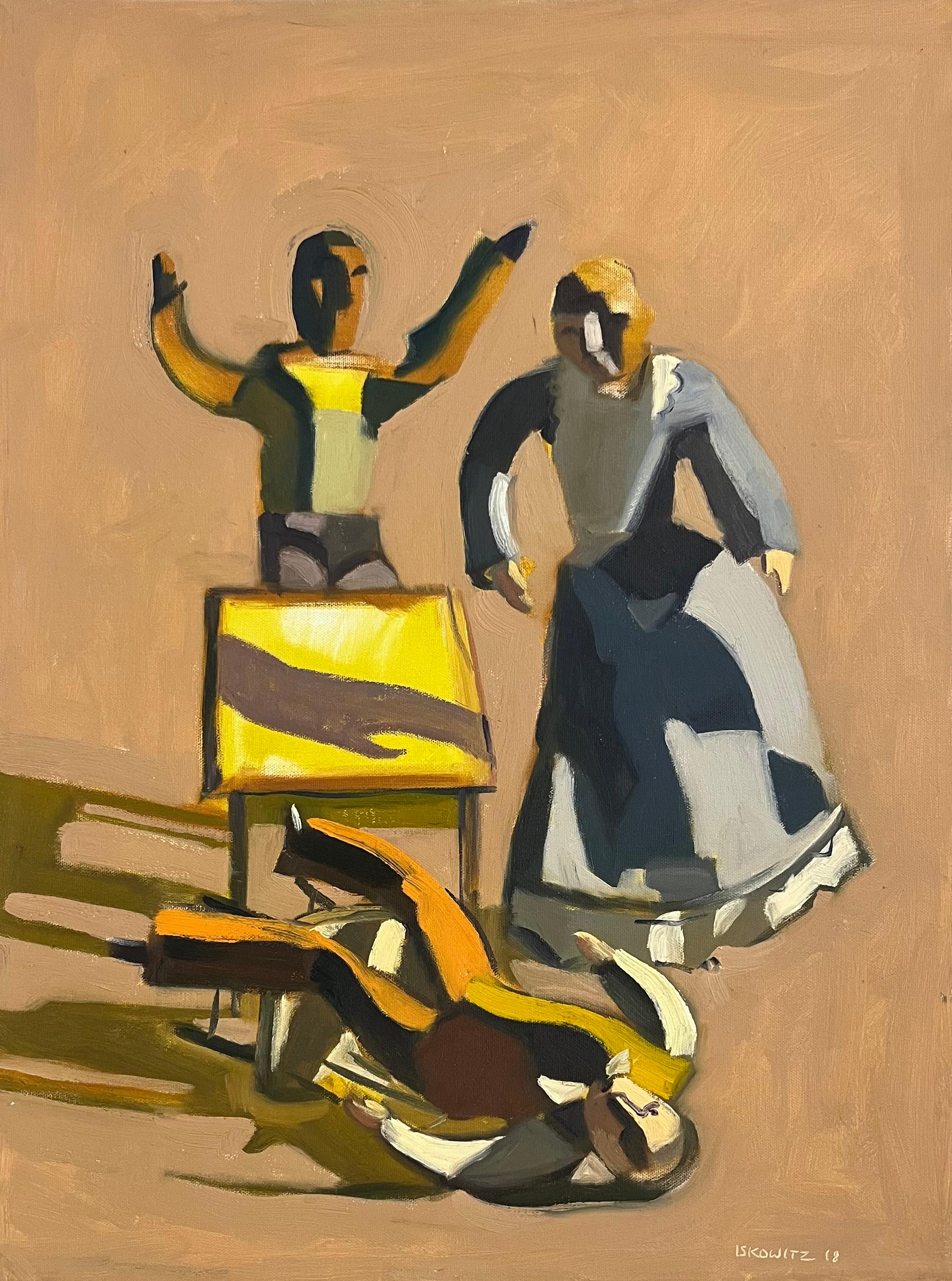 Figurative Painting di Michael Iskowitz - "Uomo caduto sulla sedia" Quadro figurativo contemporaneo, olio su tela