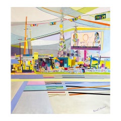 "No Zoning" Peinture contemporaine de paysage urbain abstrait aux tons pastel