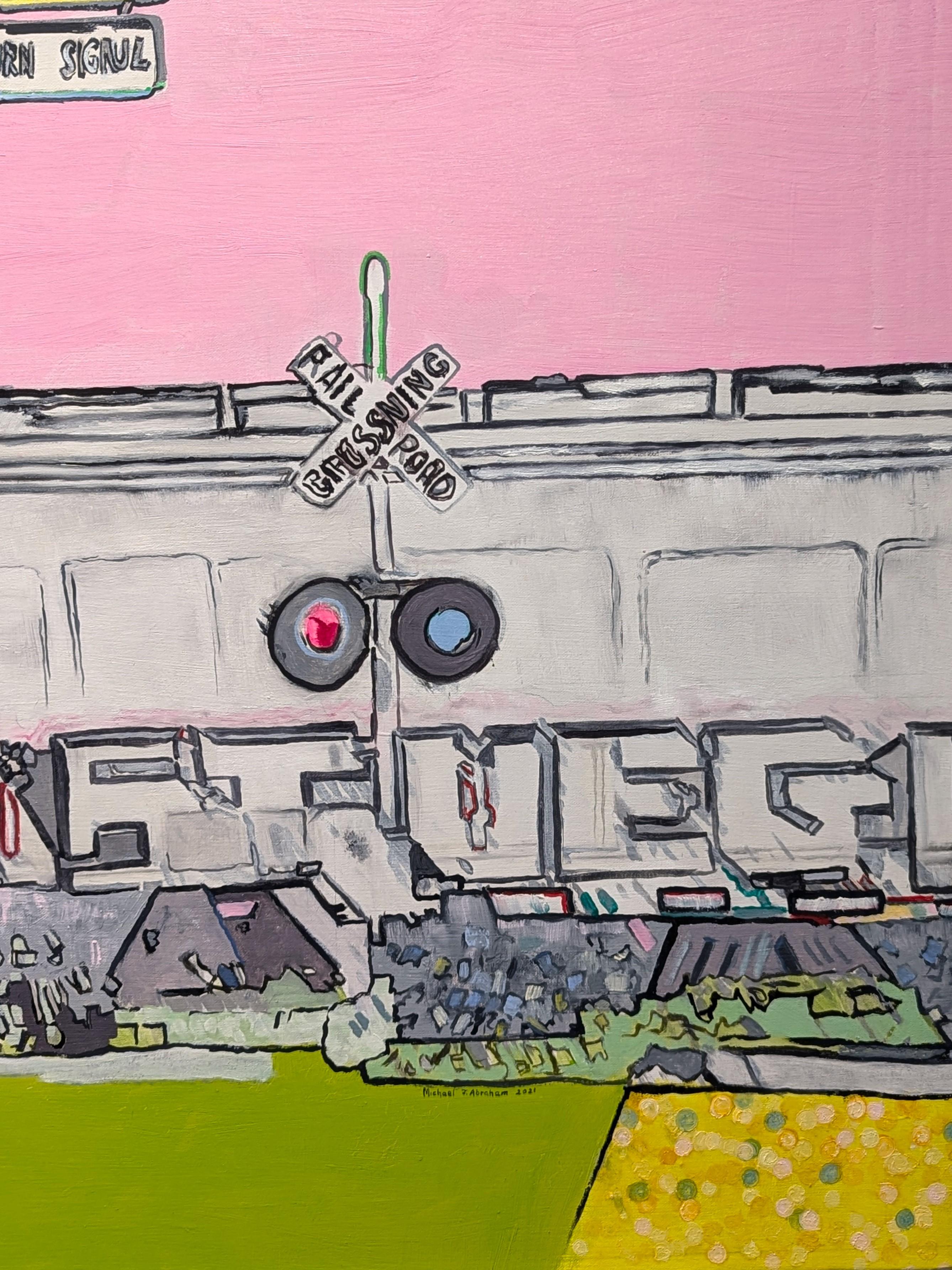 Zeitgenössisches pastellfarbenes, hyperrealistisches Gemälde einer Stadtlandschaft mit einem Zug an einer Ampel von dem in Texas lebenden Künstler Michael J. Abraham. Kürzlich ausgestellt in 