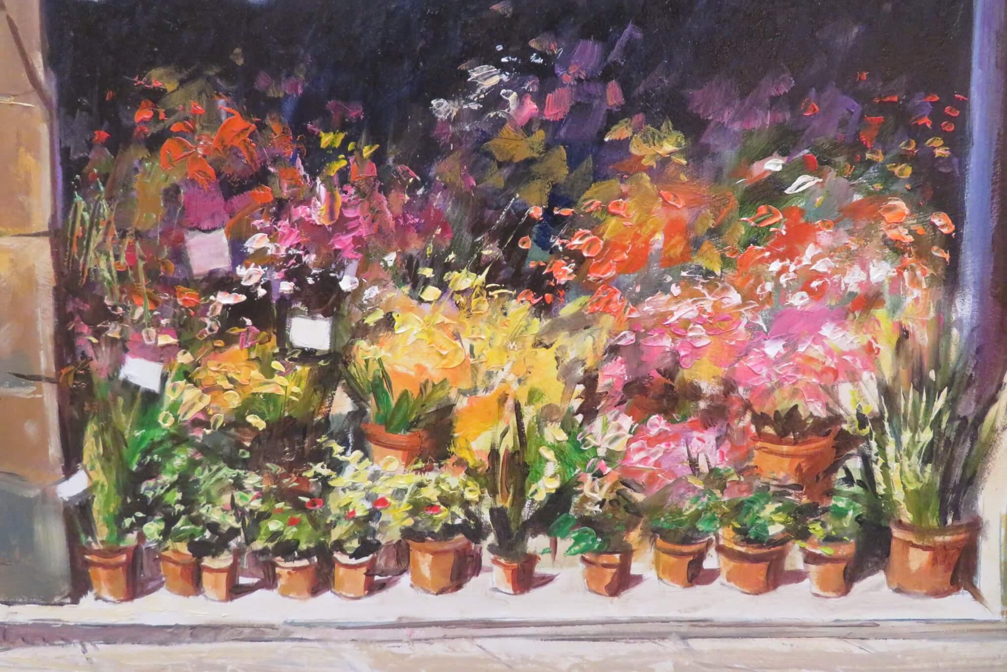 Großes signiertes französisches postimpressionistisches Ölgemälde, PARIS FLORISTS – Painting von Michael J Sanders