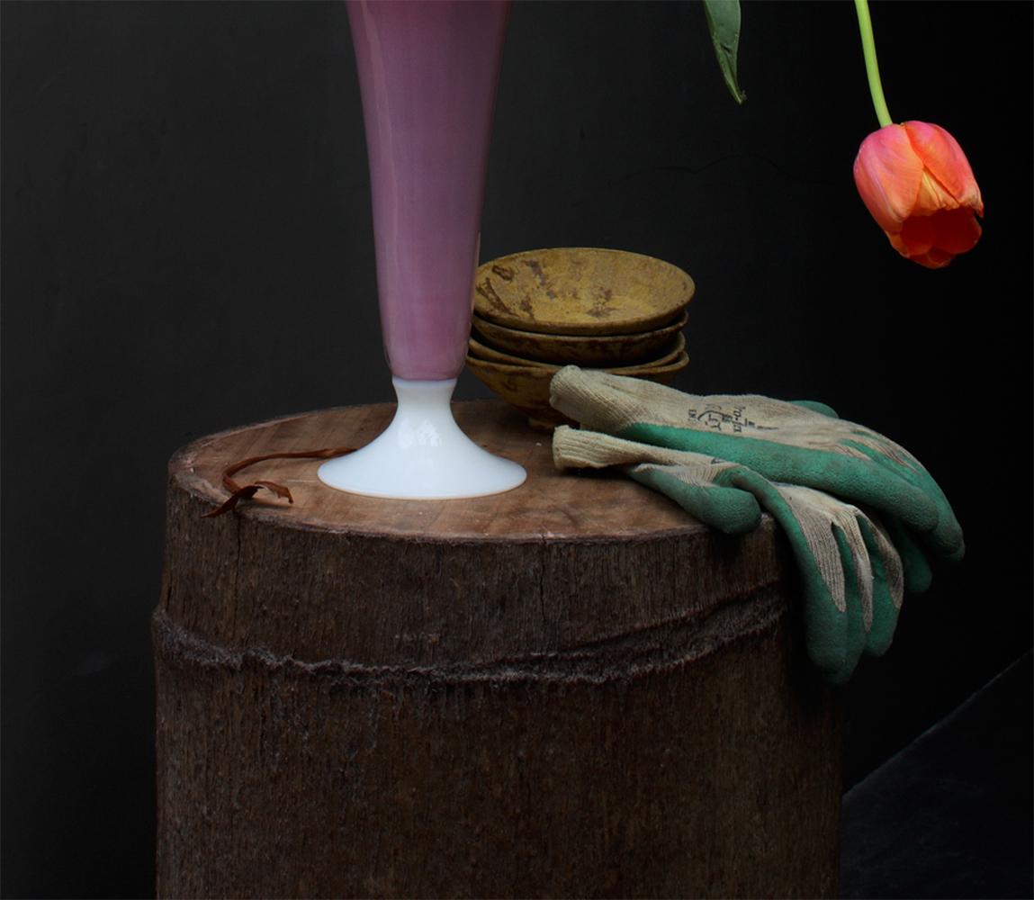 Still life with Tulips, Garden Gloves and a Fluted Opalina Vase, Antwerp, Photo - Black Still-Life Photograph by Michael James O’Brien
