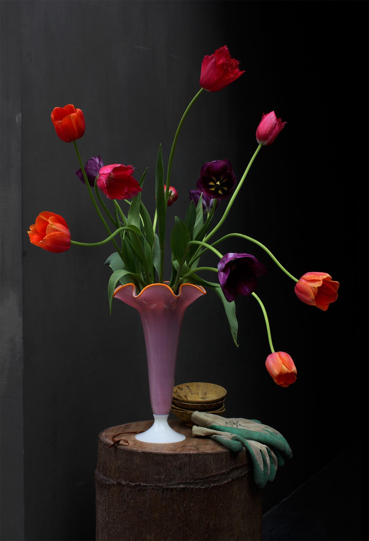 Michael James O’Brien Still-Life Photograph - Still life with Tulips, Garden Gloves and a Fluted Opalina Vase, Antwerp, Photo