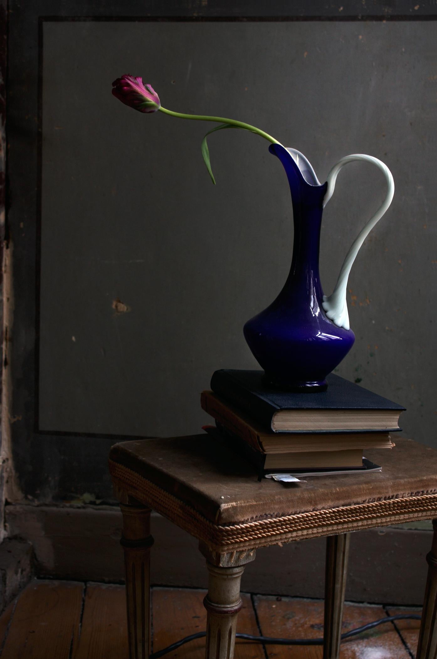 Michael James O’Brien Still-Life Photograph - Still life with Books and a Dark Blue Opalina Vase, Antwerp. Color photograph