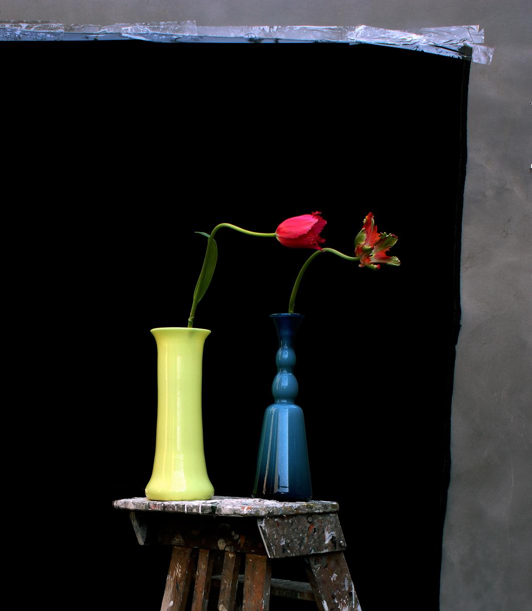 Still life with Tulips, a Ladder and a Yellow Opalina Vase, Antwerp, Color Photo - Photograph by Michael James O’Brien