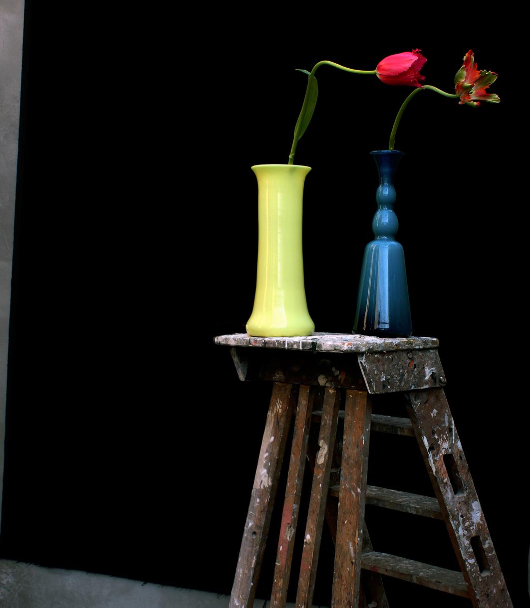 Still life with Tulips, a Ladder and a Yellow Opalina Vase, Antwerp, Color Photo - Contemporary Photograph by Michael James O’Brien