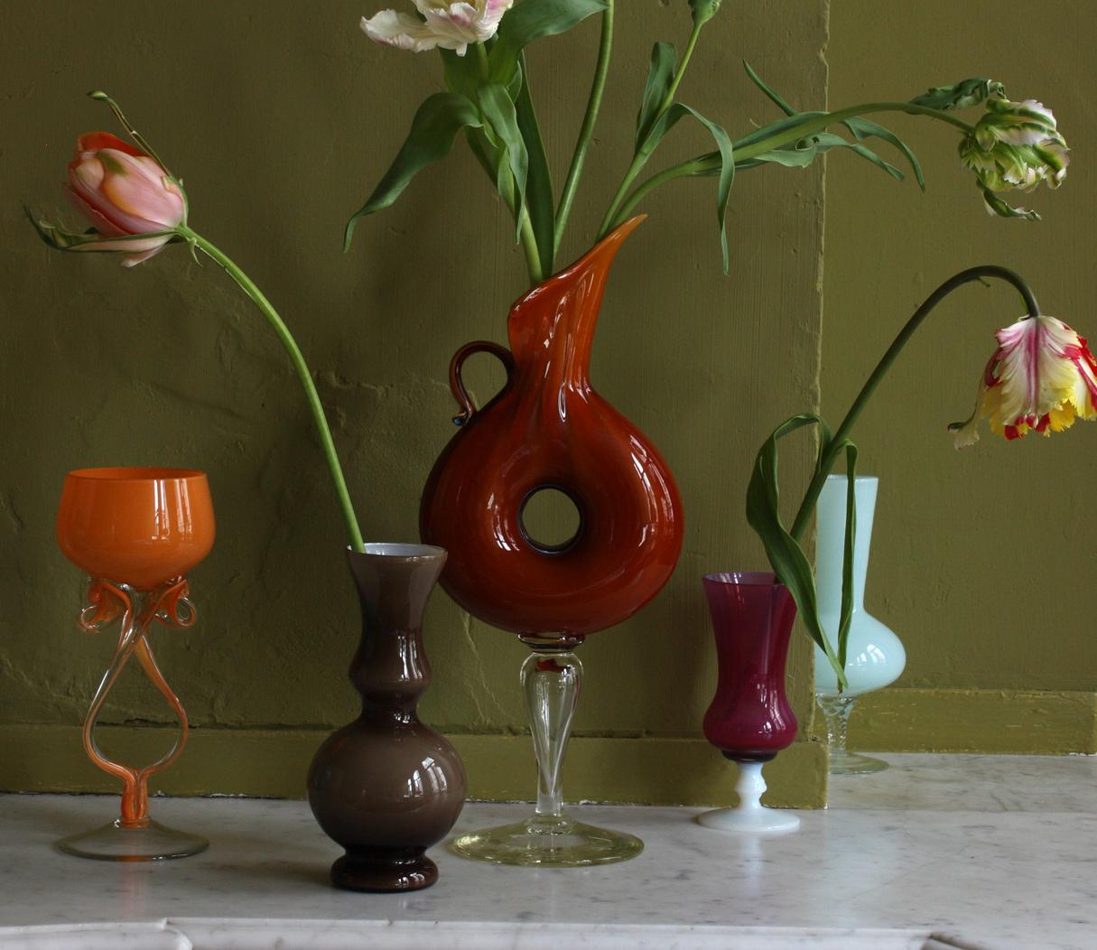 Still Life with Tulips and 5 Opalina Vases, Antwerp. Color photograph - Photograph by Michael James O’Brien