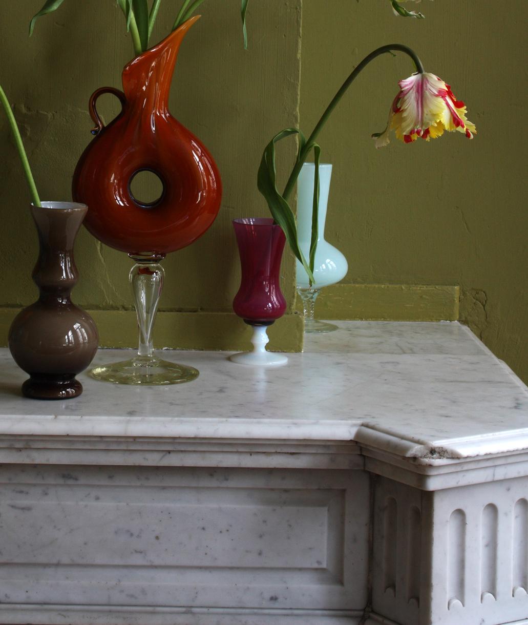 Still Life with Tulips and 5 Opalina Vases, Antwerp. Color photograph - Contemporary Photograph by Michael James O’Brien