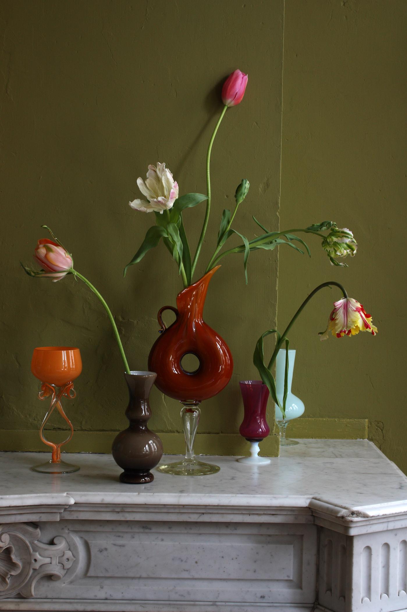 Michael James O’Brien Still-Life Photograph - Still Life with Tulips and 5 Opalina Vases, Antwerp. Color photograph