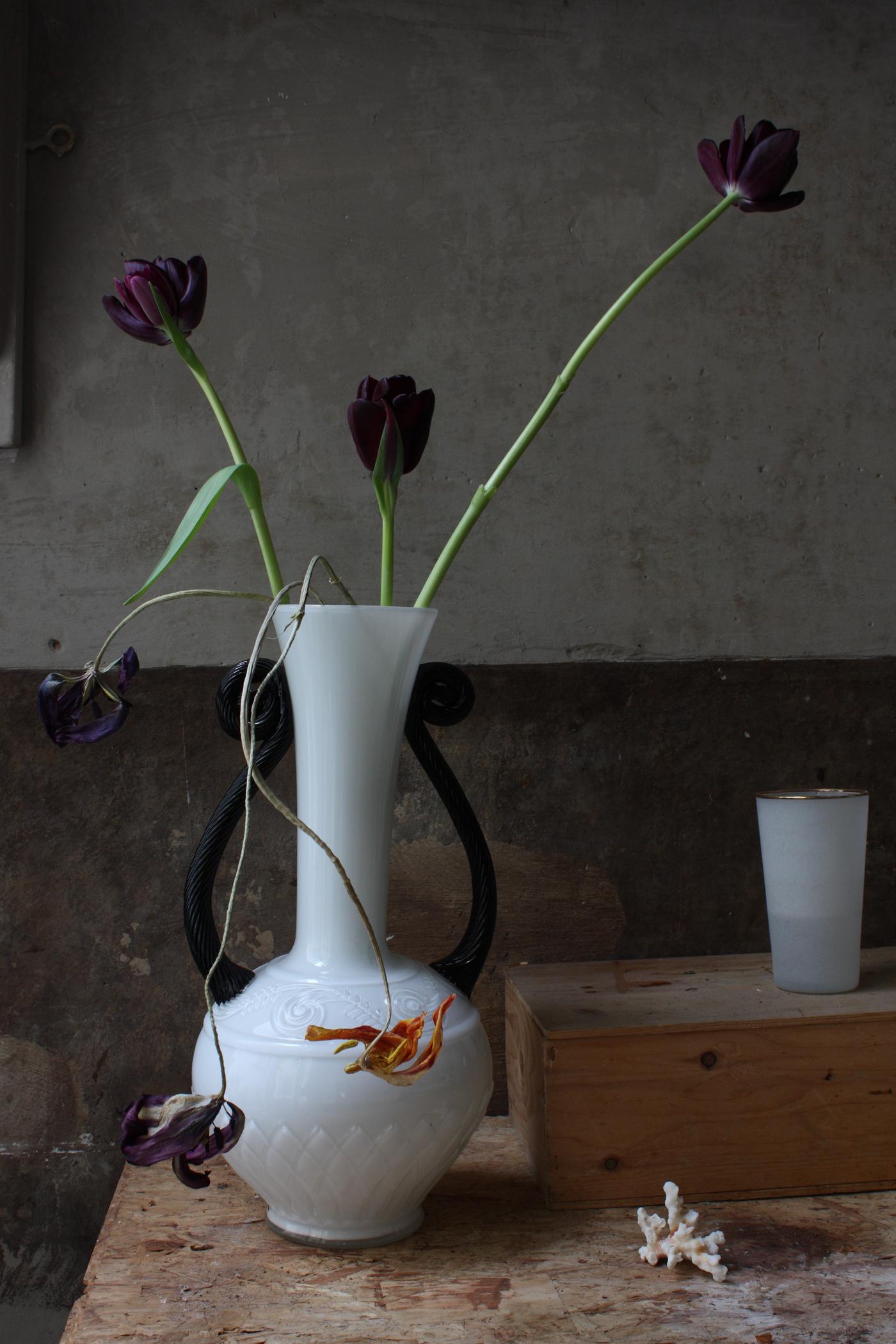 Michael James O’Brien Color Photograph - Still life with Tulips, and a Pale Blue  Opalina Vase, Antwerp. Color photograph