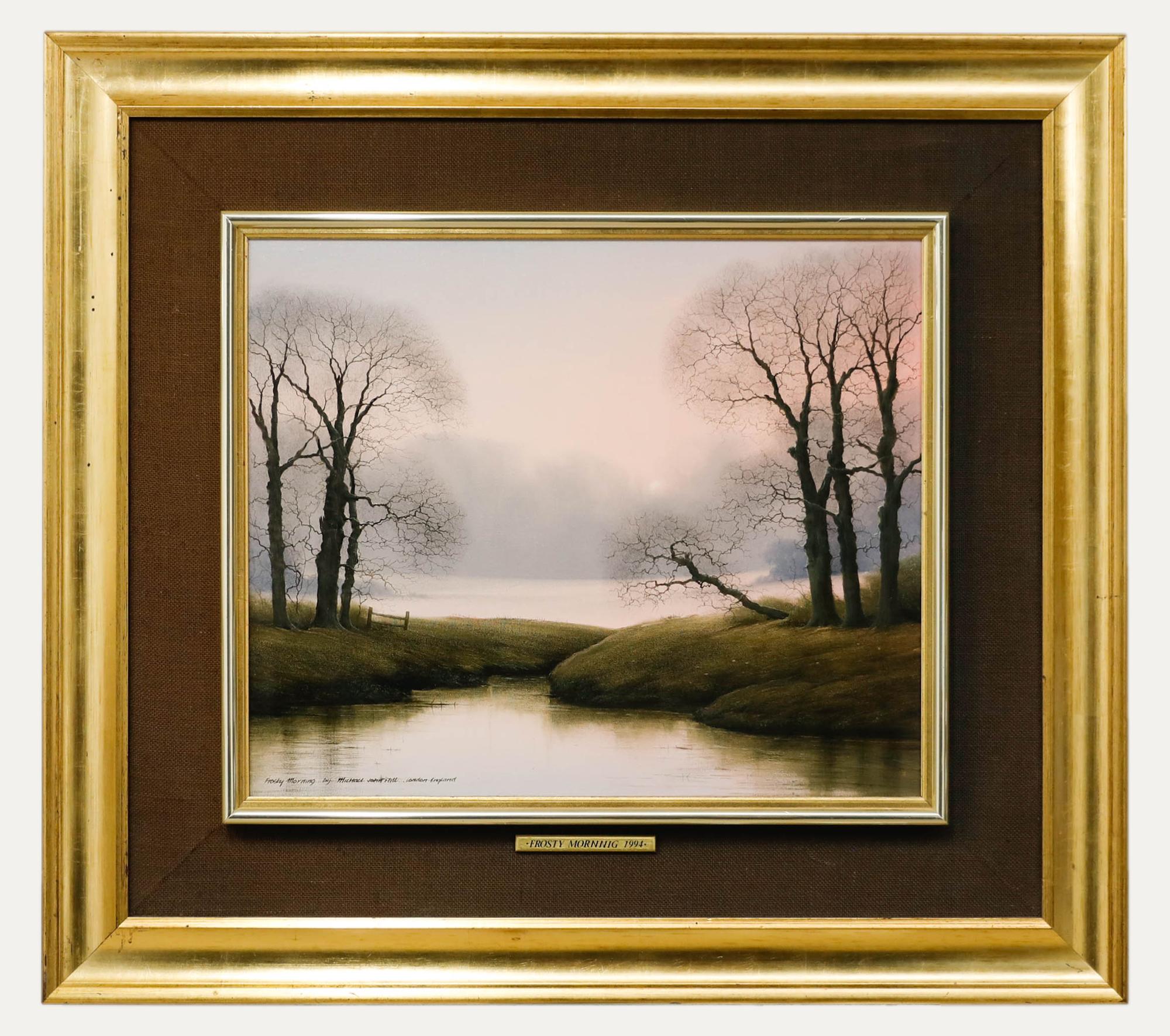 An original oil landscape by Michael John Hill (1932-1990). Frosty Morning, 1994. Signed and titled lower left. Presented in a large gilt-effect frame with a textile slip. On canvas on stretchers. 