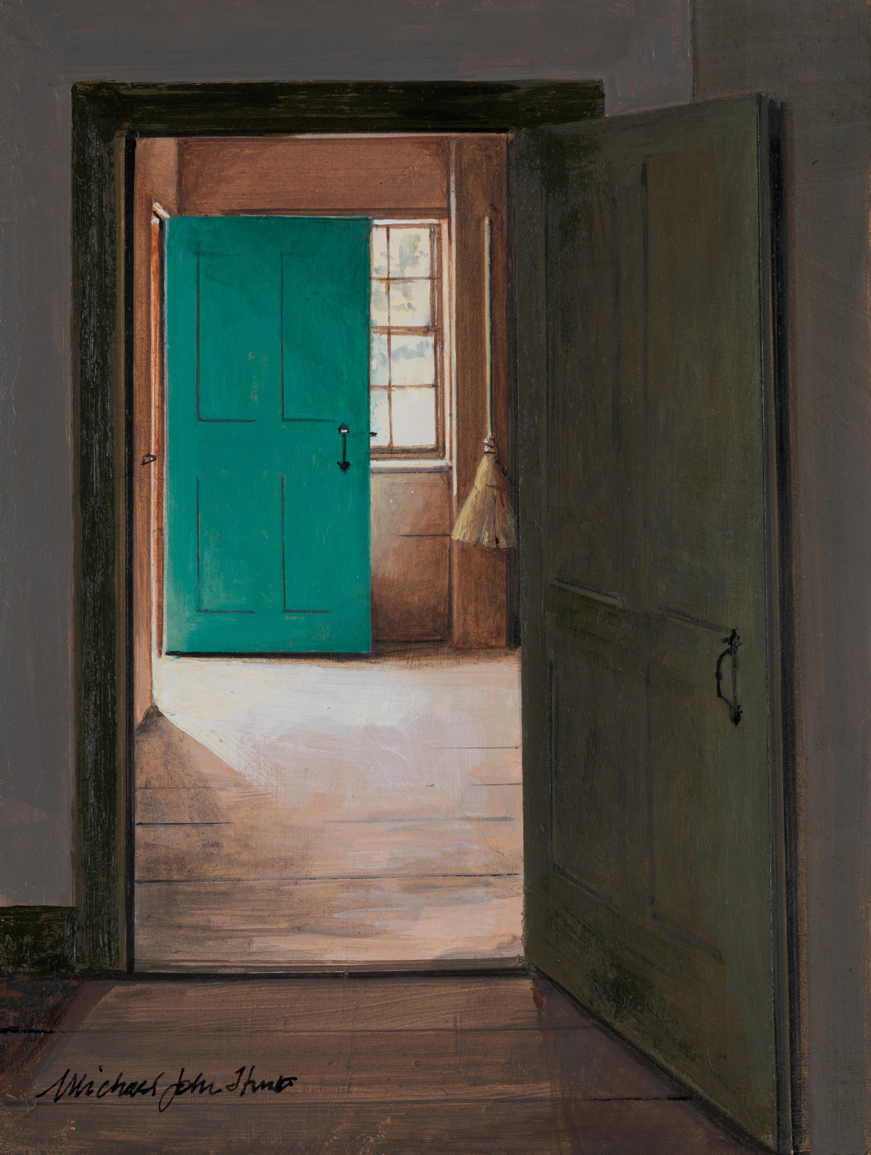 Michael John Hunt Figurative Painting - A clean sweep. Acrylic painting Interior; Modern Framed signed