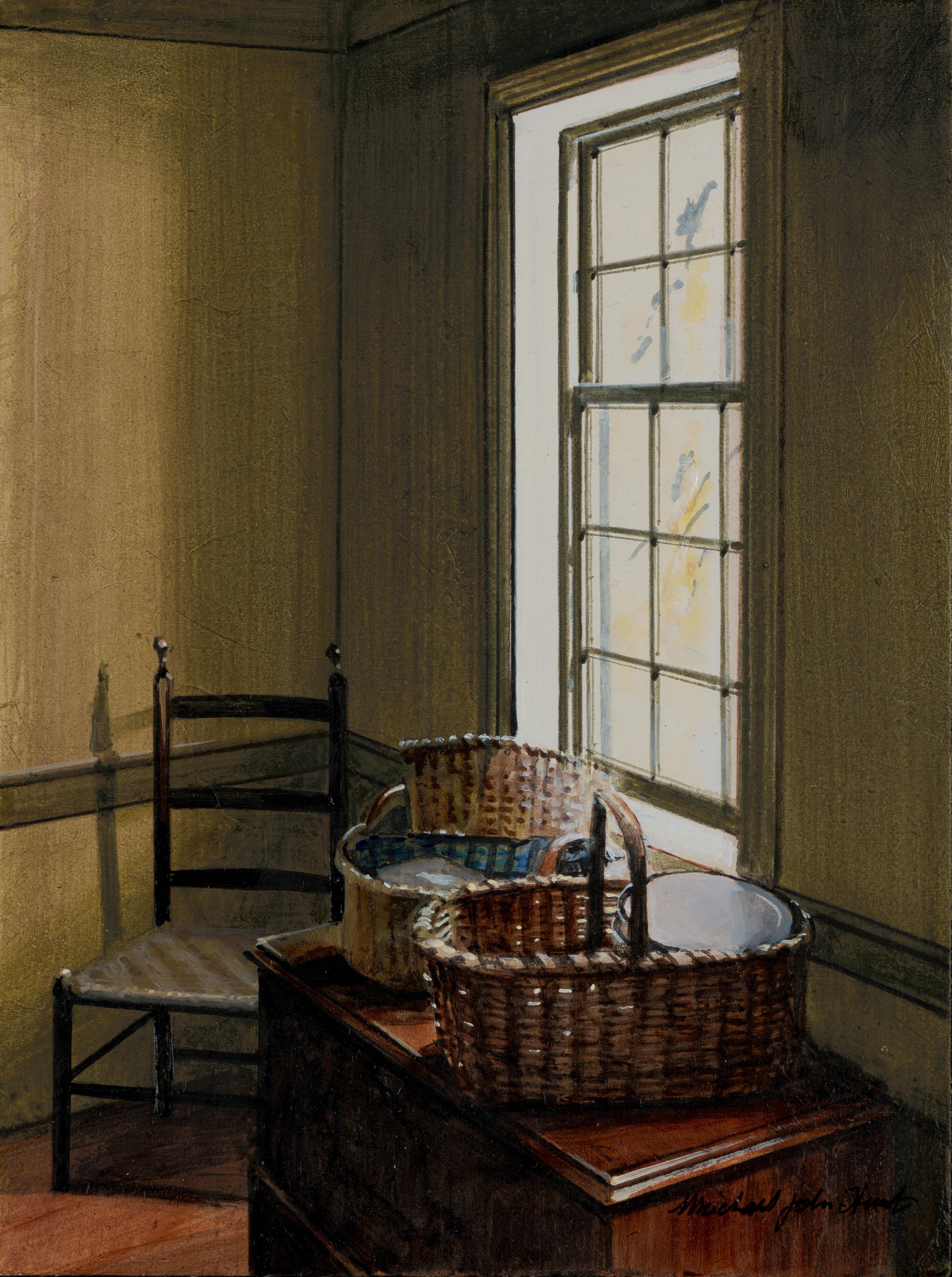 Michael John Hunt Interior Painting - A collection of baskets Acrylic painting Interior; Modern Framed signed