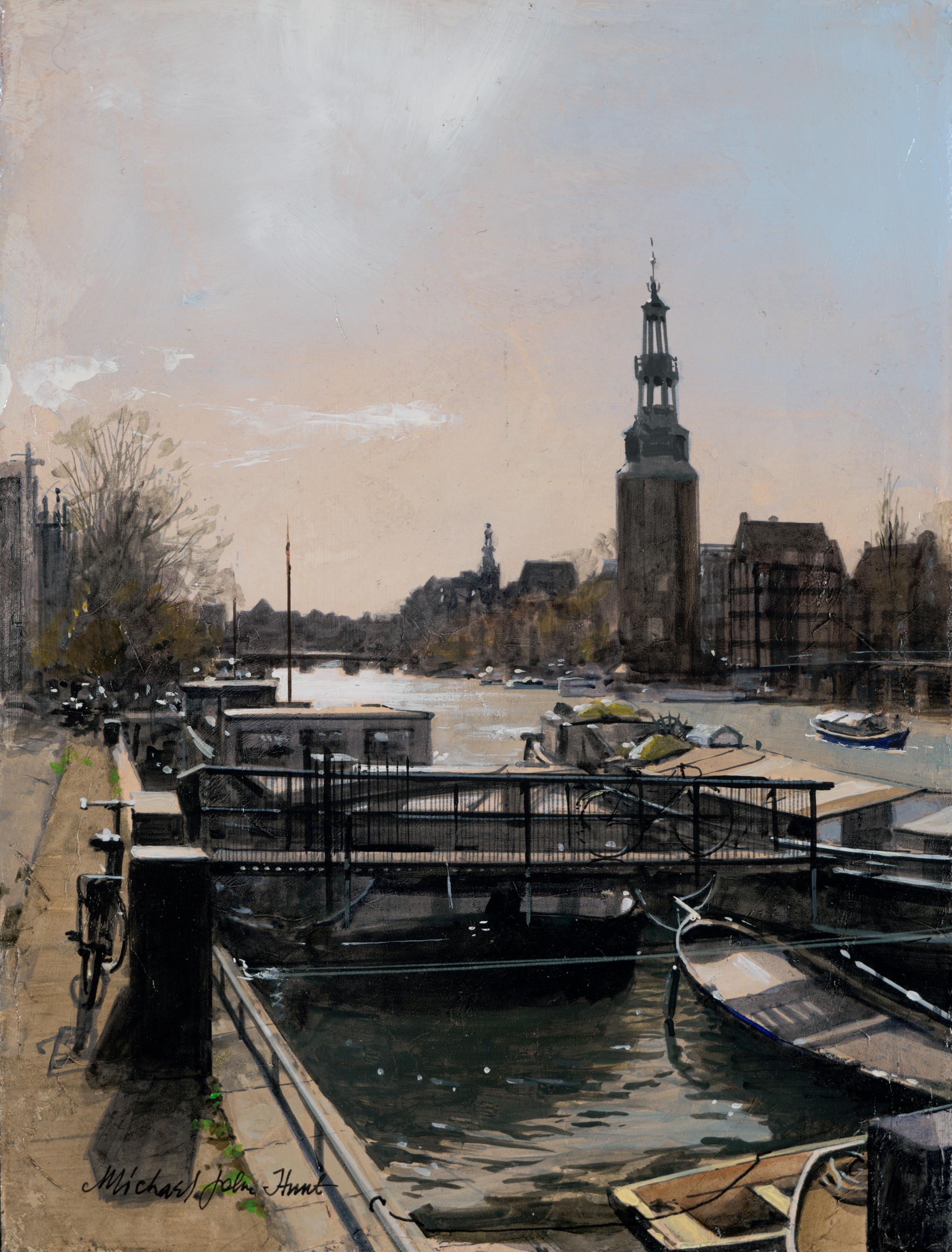 Michael John Hunt Figurative Painting – Liegeplatz Amsterdam