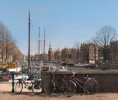 Montelbaan Tower Acrylic Painting from Waals Eiland Gracht, Framed Contemporary