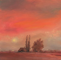 Setting Sun Landscape Painting, Framed, Signed, Modern, 12x12