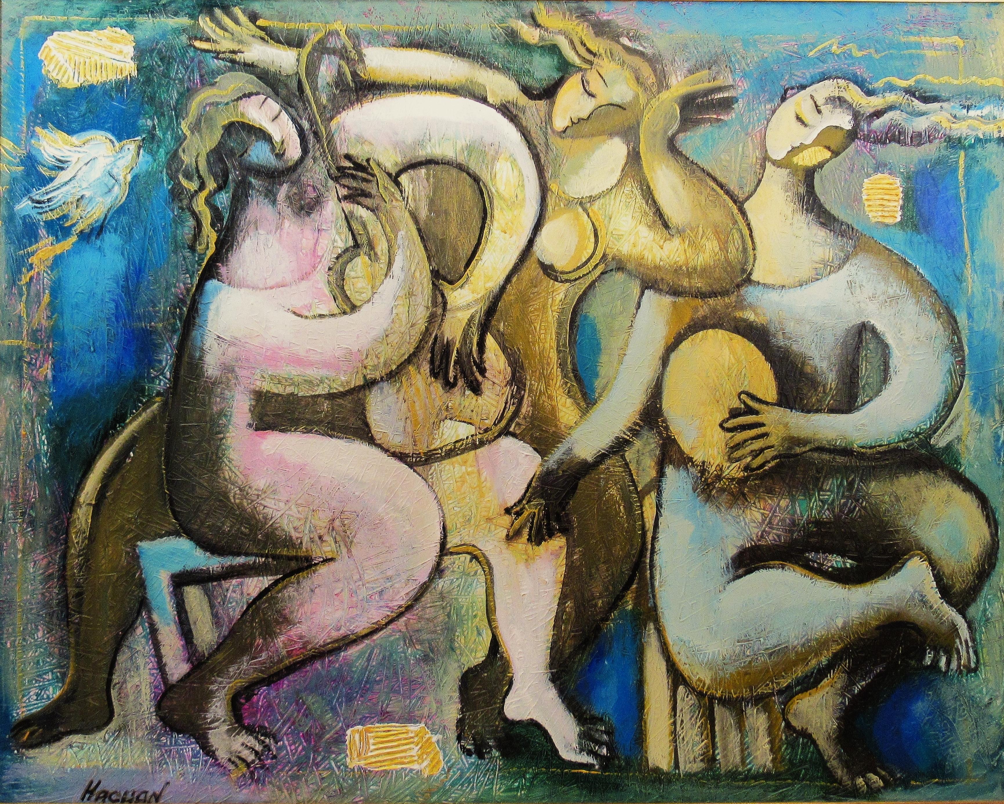Three Musicians, large oil painting - Painting by Michael Kachan