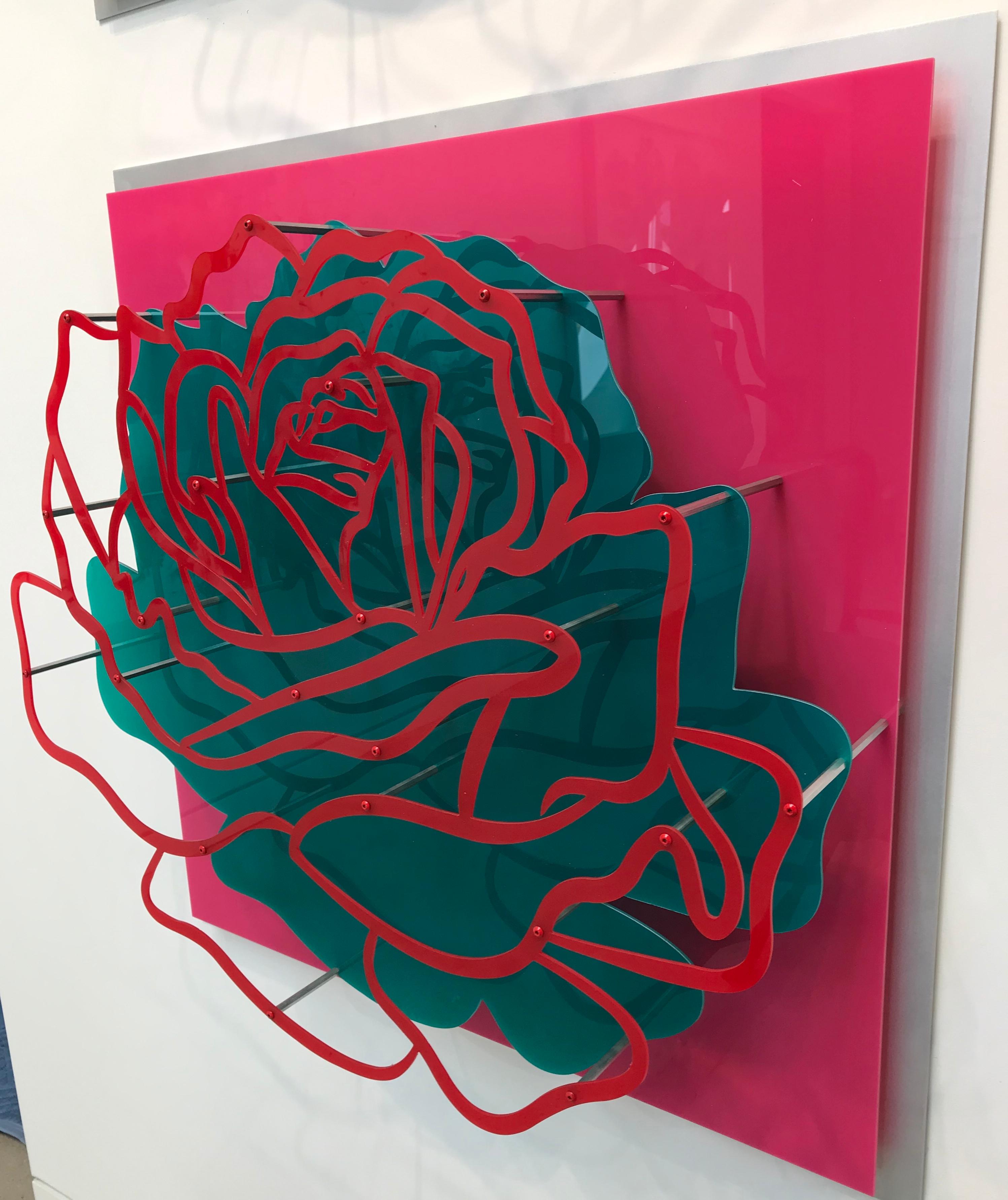 Michael Kalish Abstract Sculpture - Acrylic "Glass" Rose - Red  on Pink