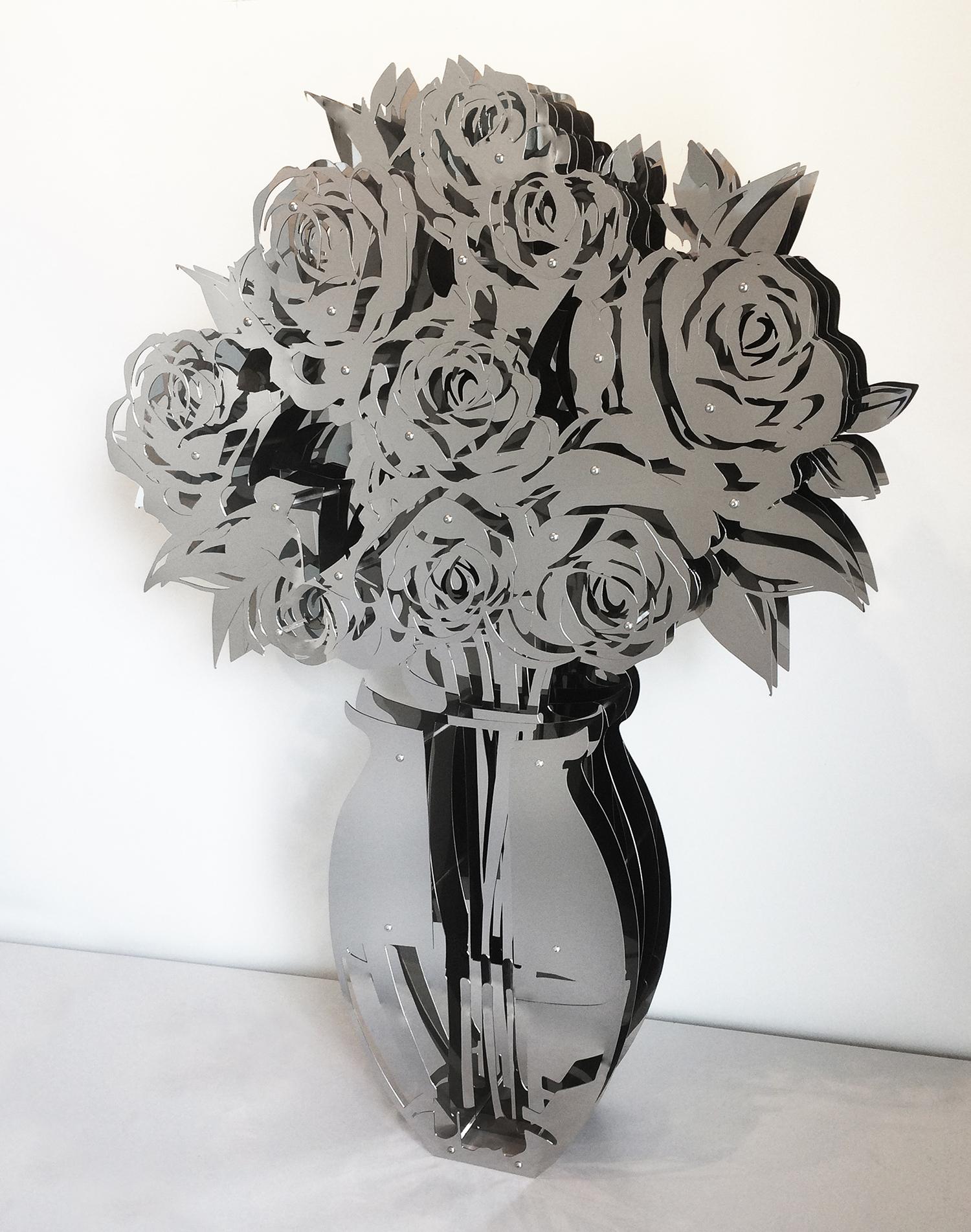 Michael Kalish Still-Life Sculpture - Vase of Roses - Mirrored Stainless 42