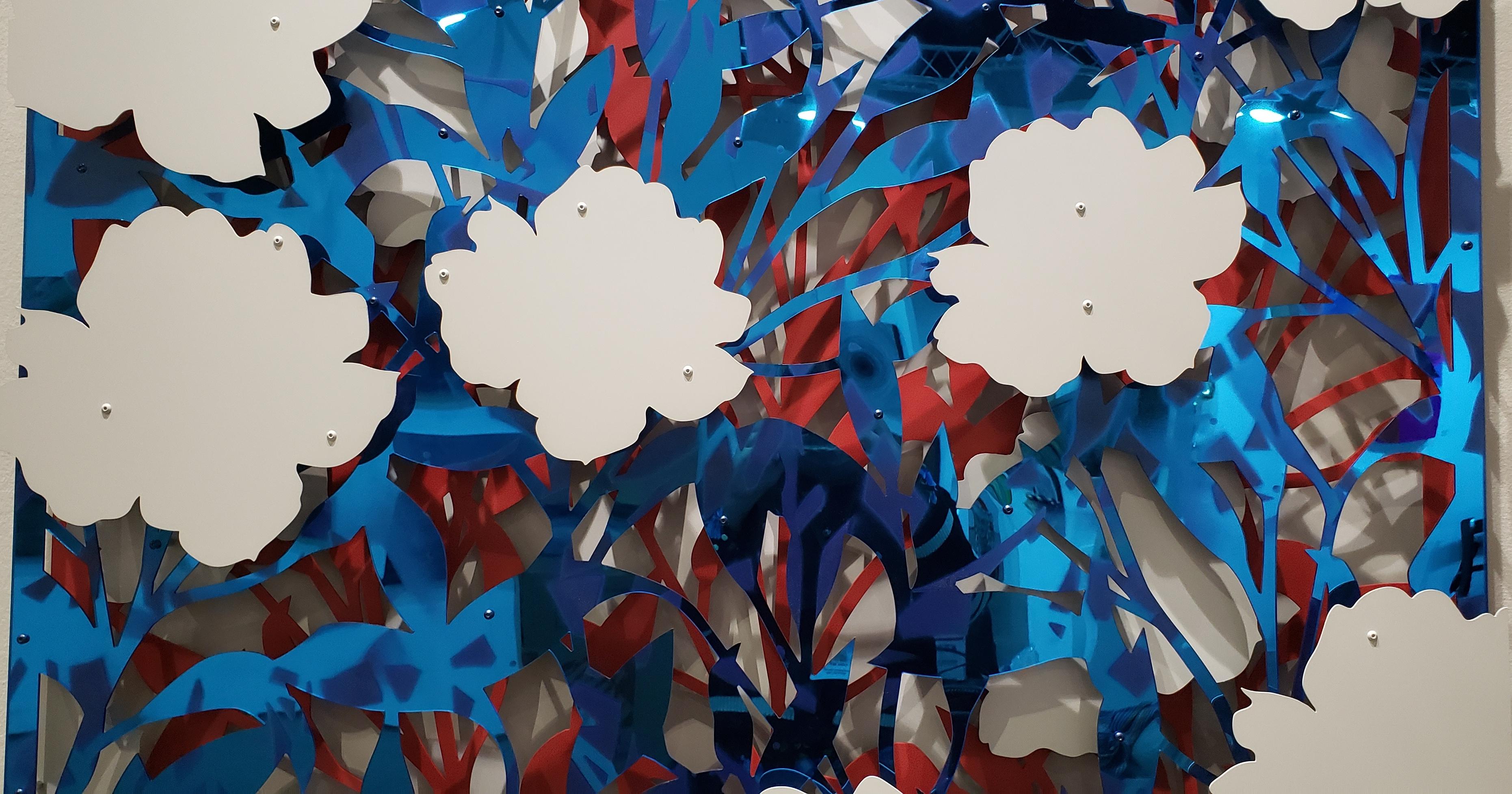 Floral Abstract Mirror Blue on Red For Sale 4