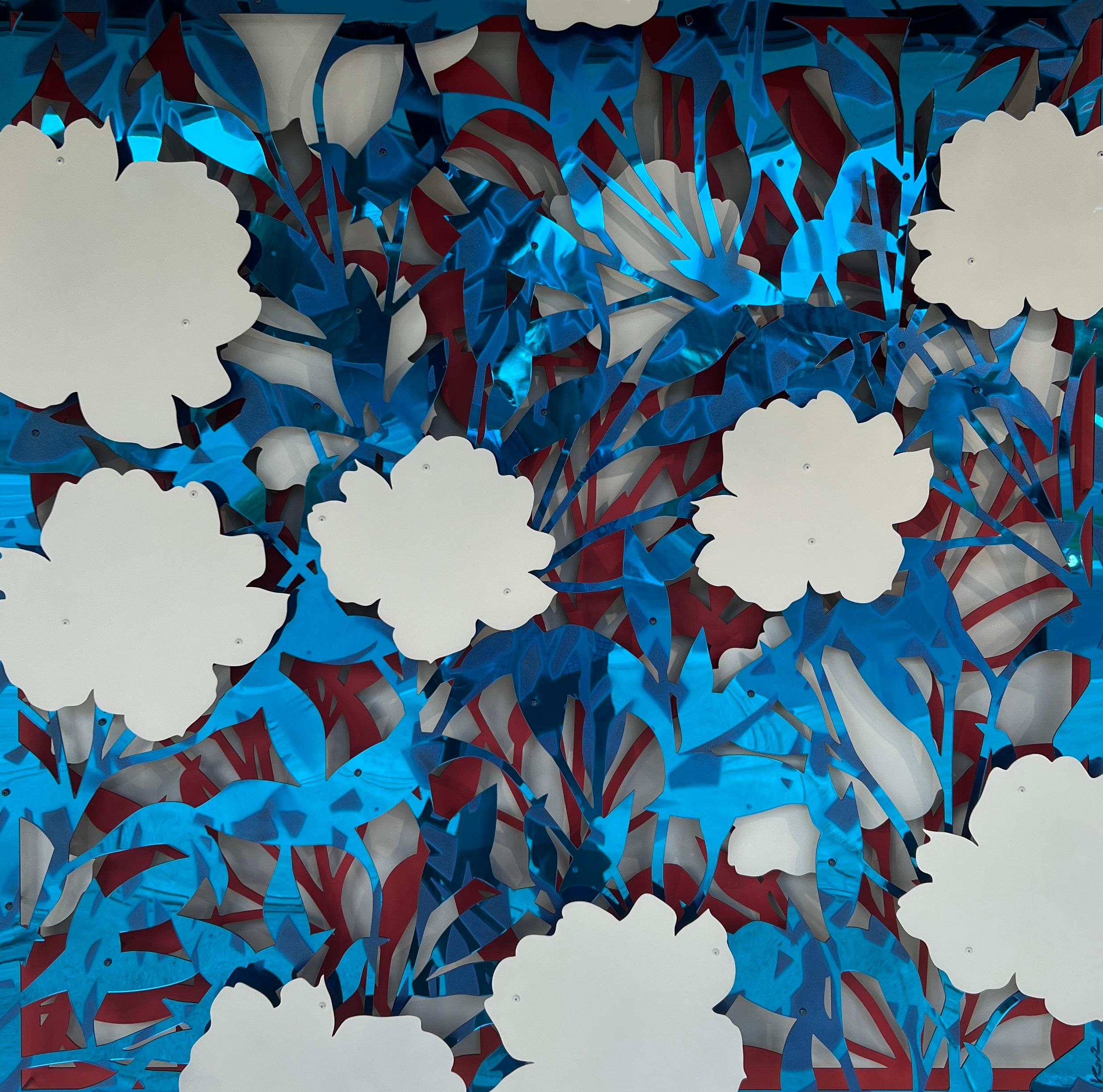Abstract Sculpture Michael Kalish - Miroir à fleurs abstrait bleu sur rouge