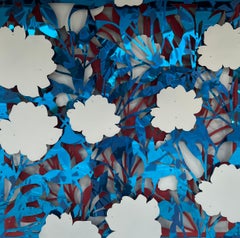 Used Floral Abstract Mirror Blue on Red