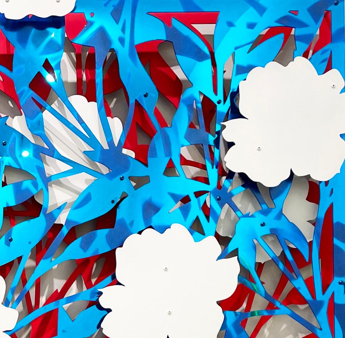 Floral Abstract Mirror Blue on Red - Pop Art Painting by Michael Kalish