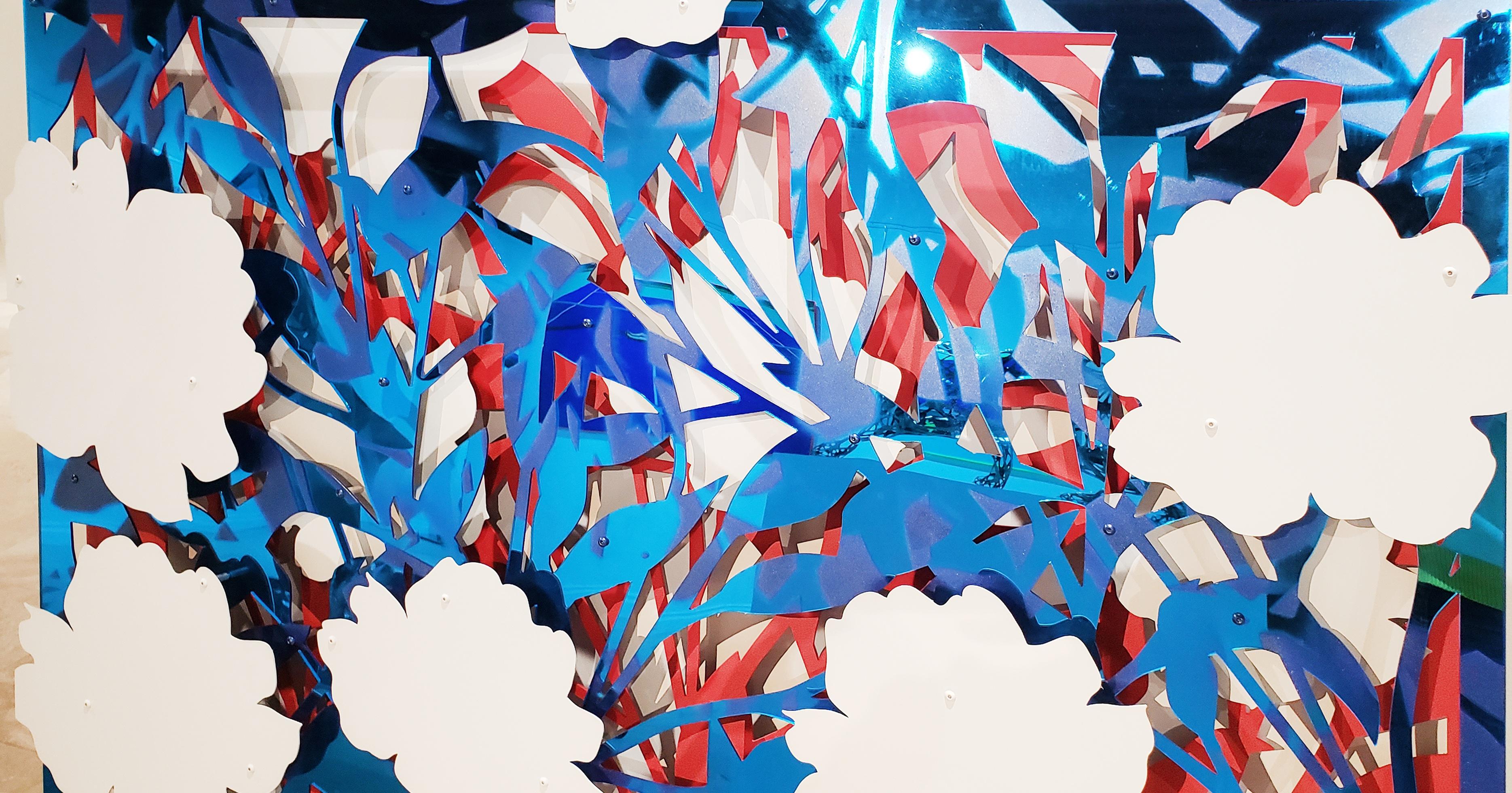 Floral Abstract Mirror Blue on Red - Gray Abstract Sculpture by Michael Kalish