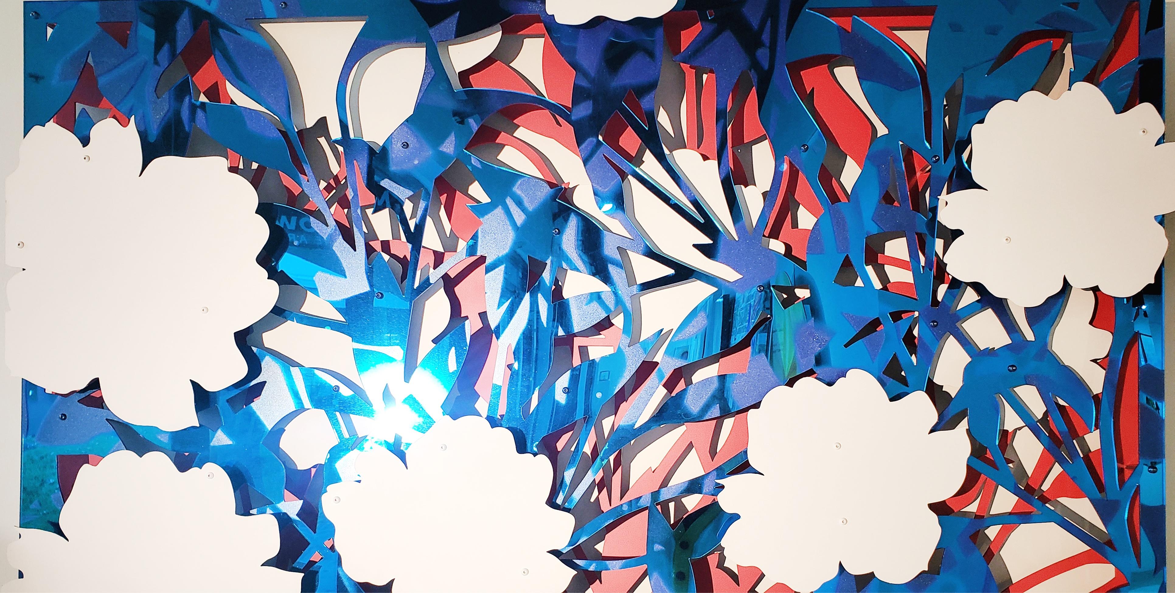 Miroir à fleurs abstrait bleu sur rouge en vente 2
