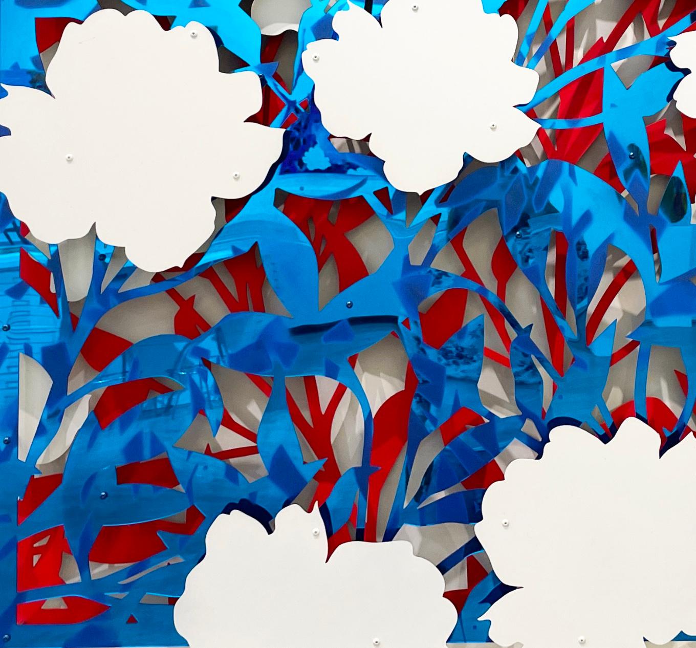 Floral Abstract Mirror Blue on Red 1