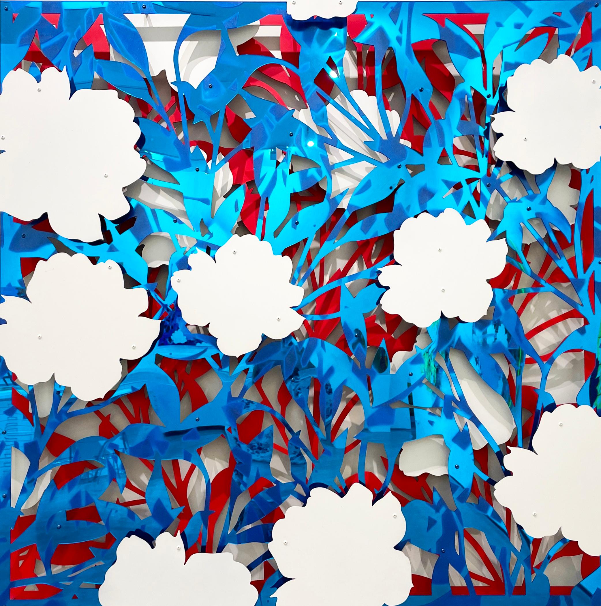 Michael Kalish Abstract Painting - Floral Abstract Mirror Blue on Red