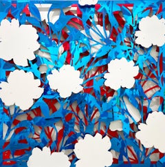 Floral Abstract Mirror Blue on Red
