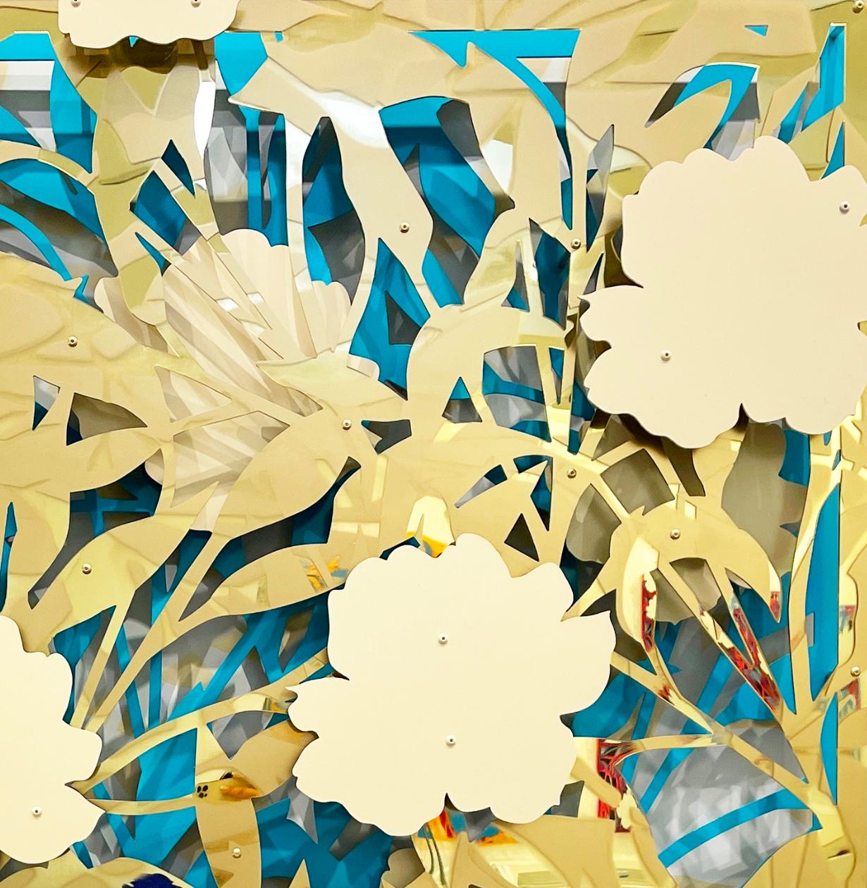 Floral Abstract Mirror Gold on Seaside Blue - Sculpture by Michael Kalish