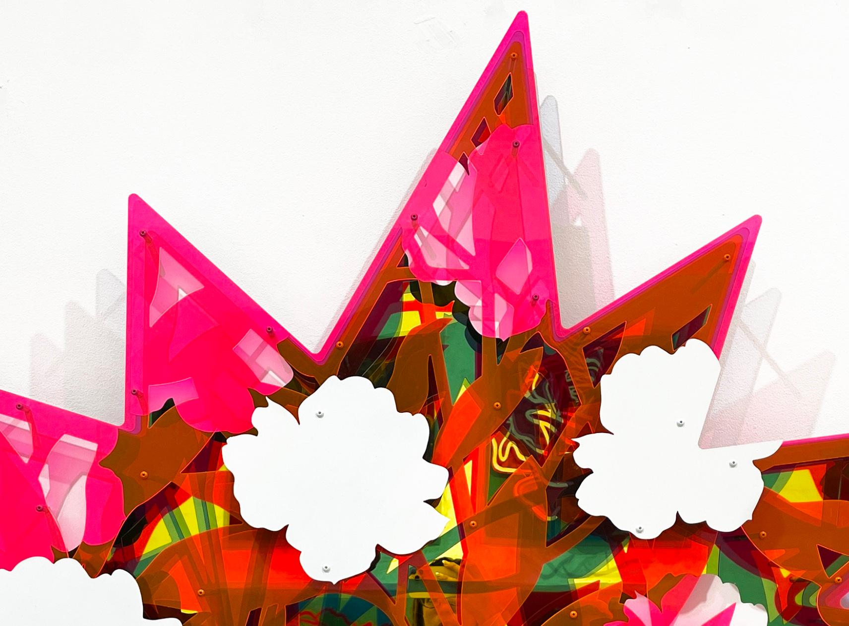 Floral Abstract POW Neon Pink on Blue - Sculpture by Michael Kalish