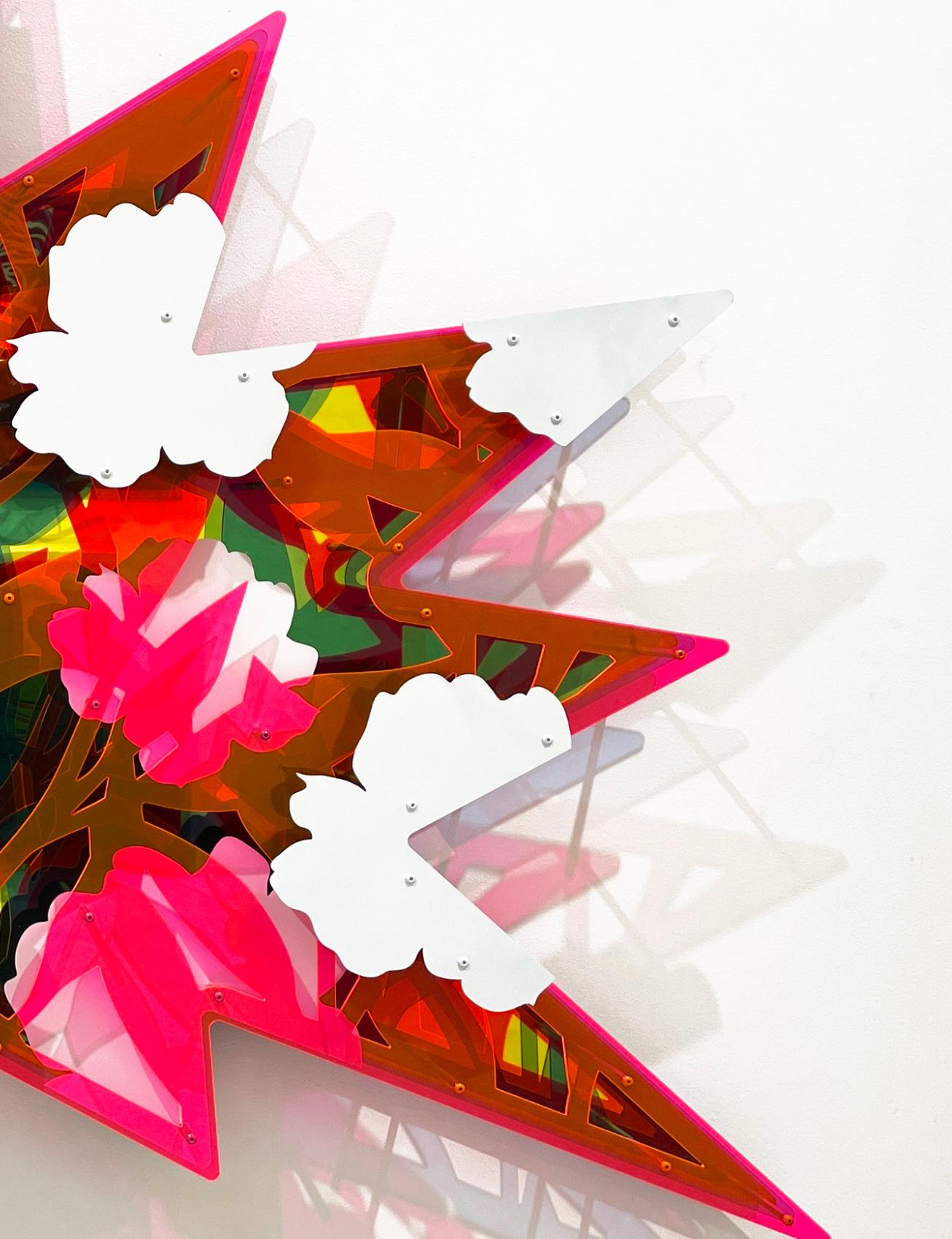 Floral Abstract POW Neon Pink on Blue - Pop Art Sculpture by Michael Kalish