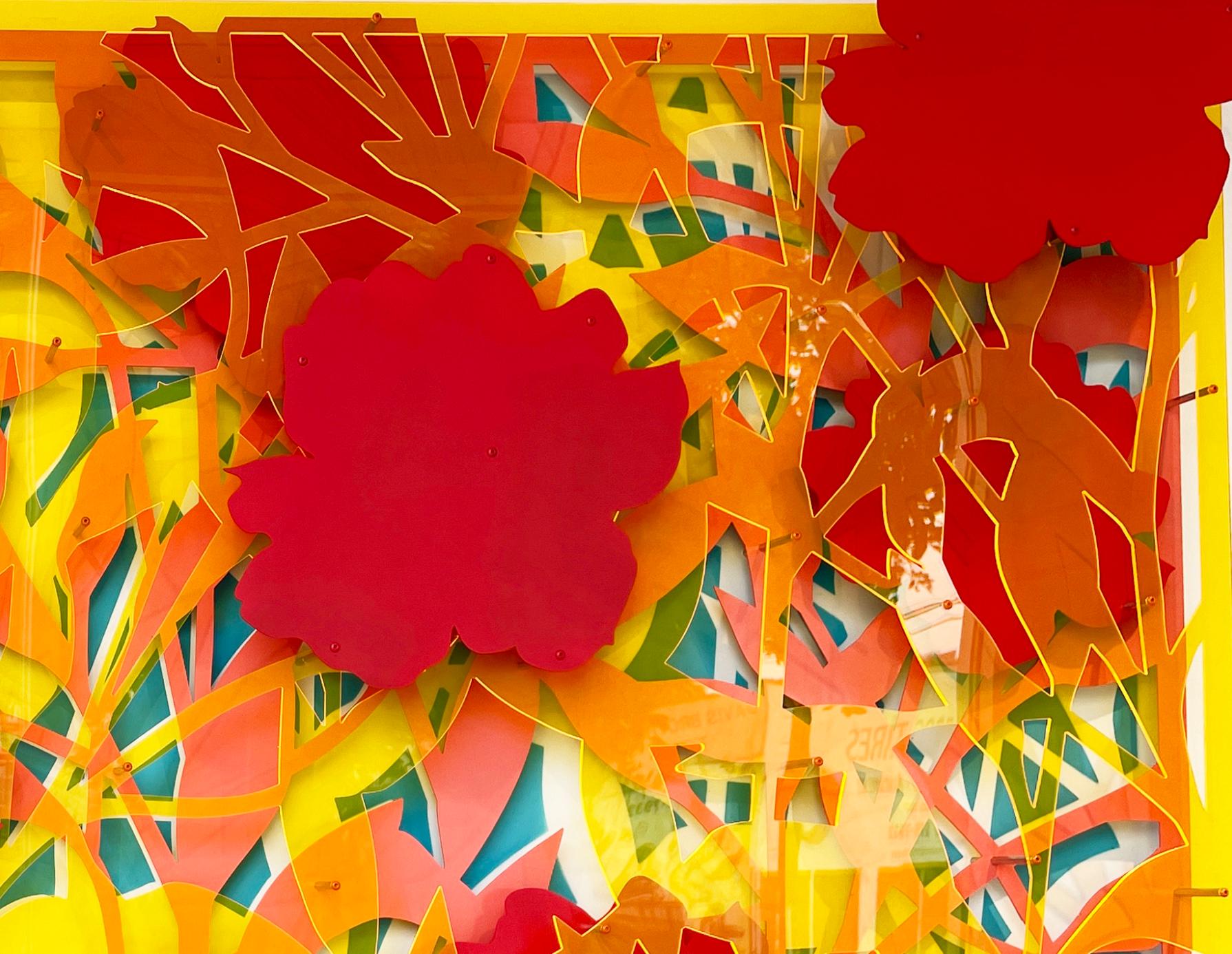 jaune à fleurs abstraites sur corail - Pop Art Painting par Michael Kalish