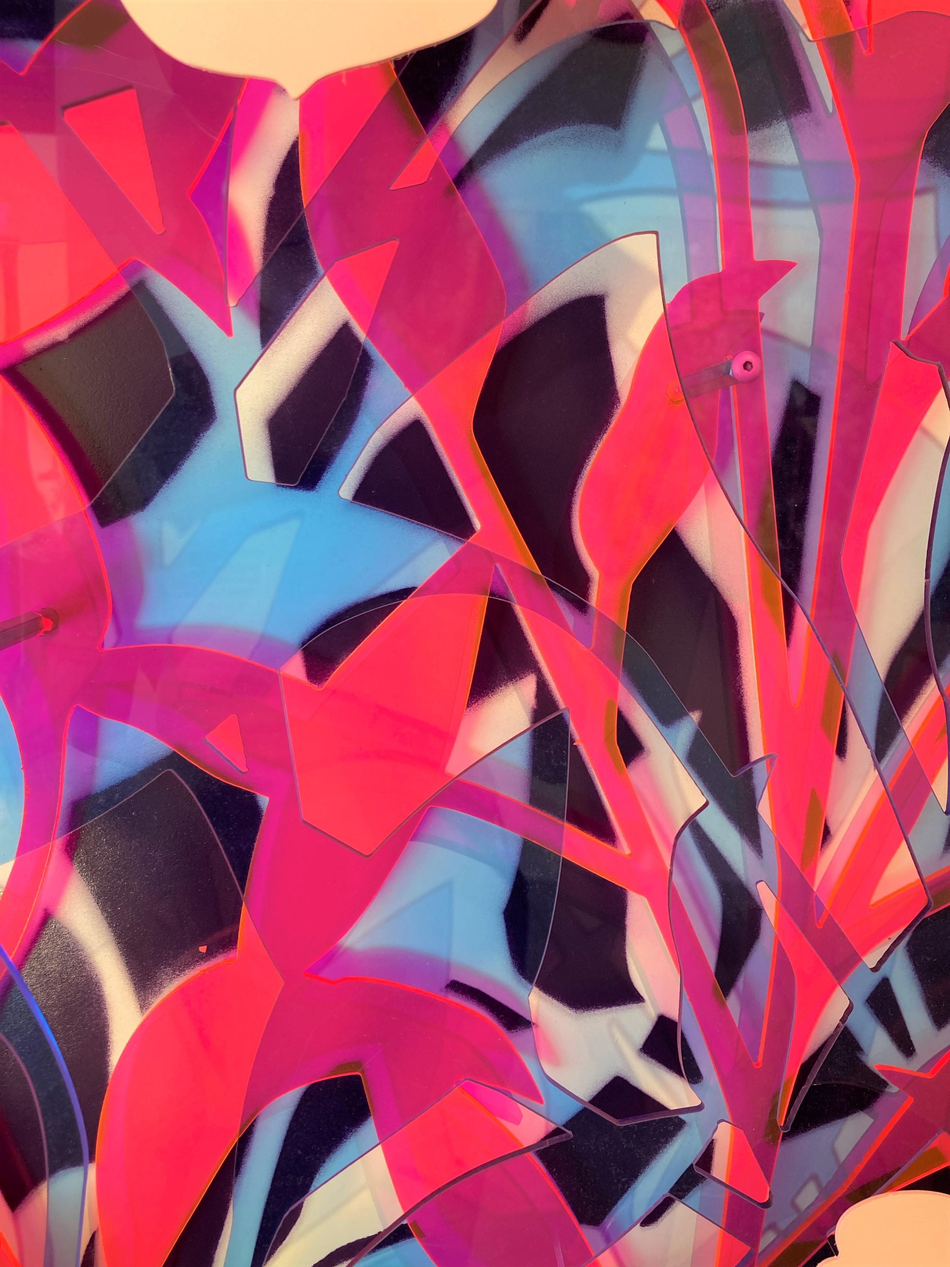 Flowers - Blue and Neon Pink - Abstract Painting by Michael Kalish