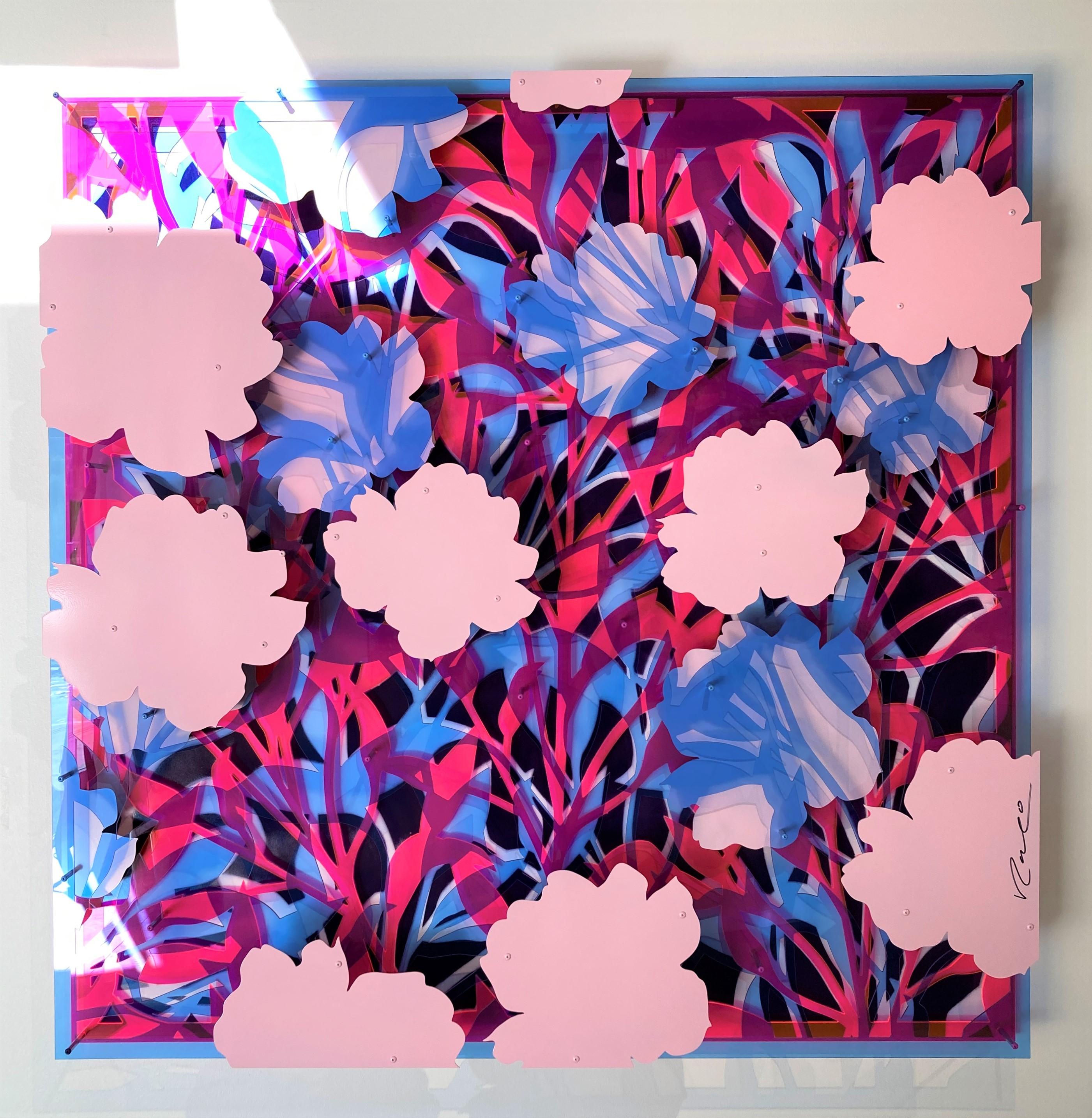Flowers - Blue and Neon Pink - Painting by Michael Kalish