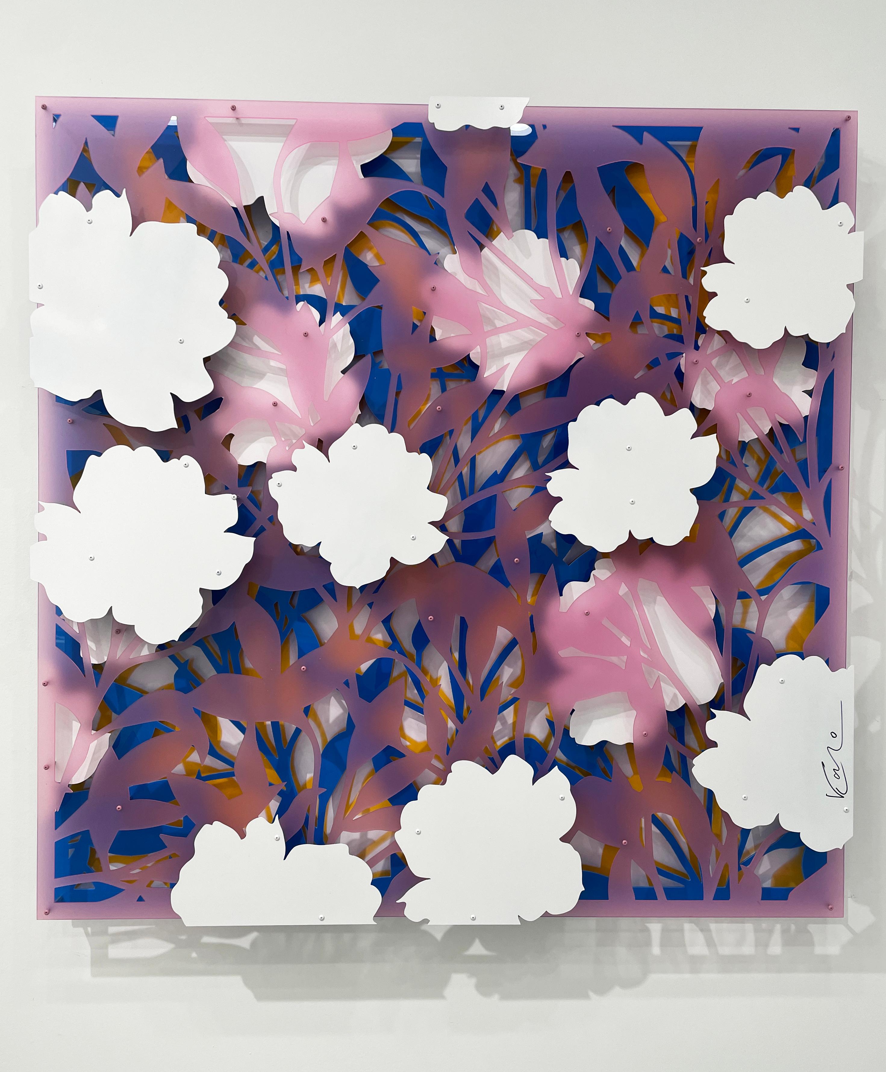 Flowers, Frosted Pink and Cerulean Blue - Wall sculpture - Sculpture by Michael Kalish