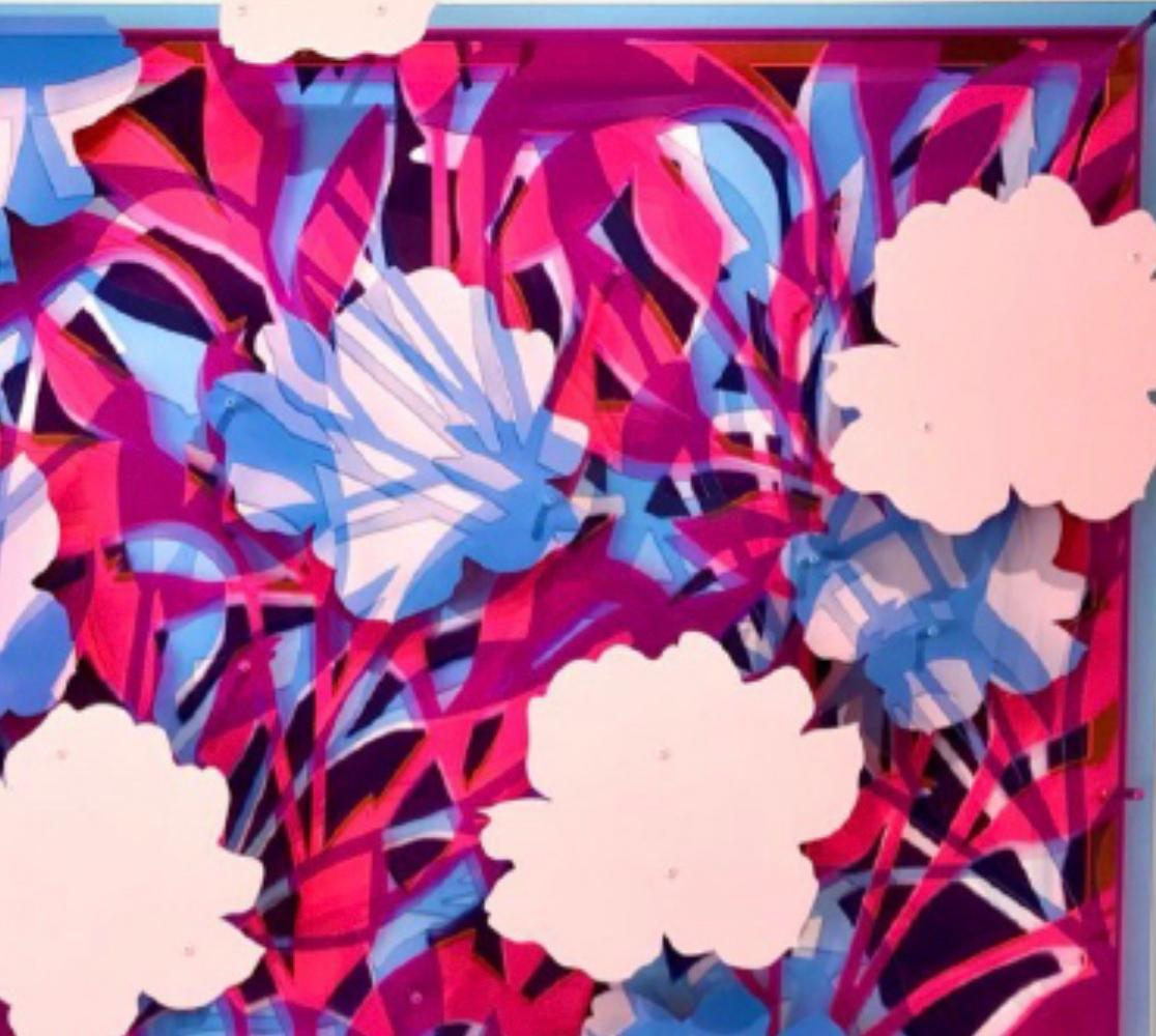 Layered Abstract Floral Blue and Neon Pink - Painting by Michael Kalish