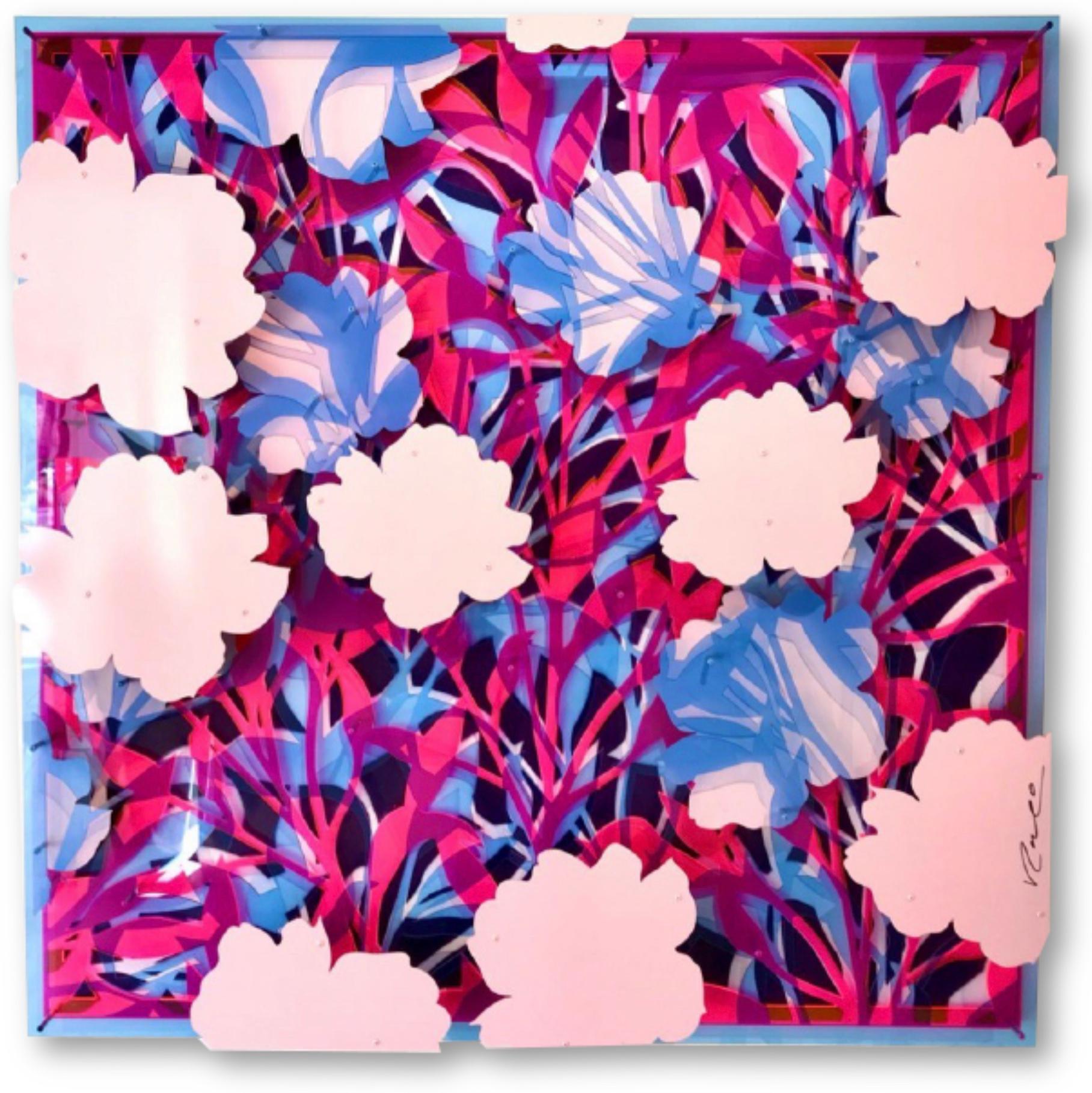 Michael Kalish Abstract Painting - Layered Abstract Floral Blue and Neon Pink