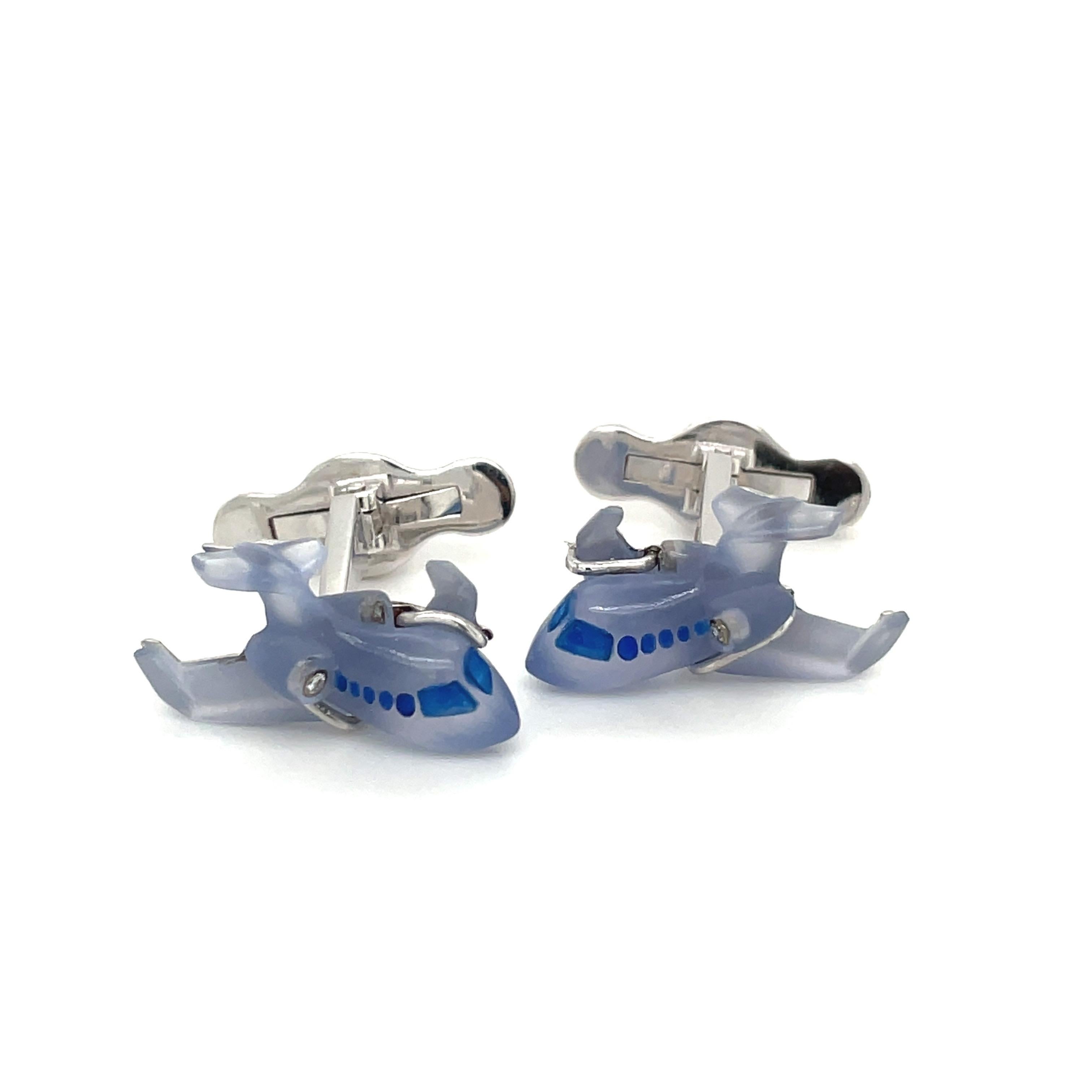 Michael Kanners 18kt White Gold Chalcedony Airplane Cuff Links In New Condition For Sale In New York, NY